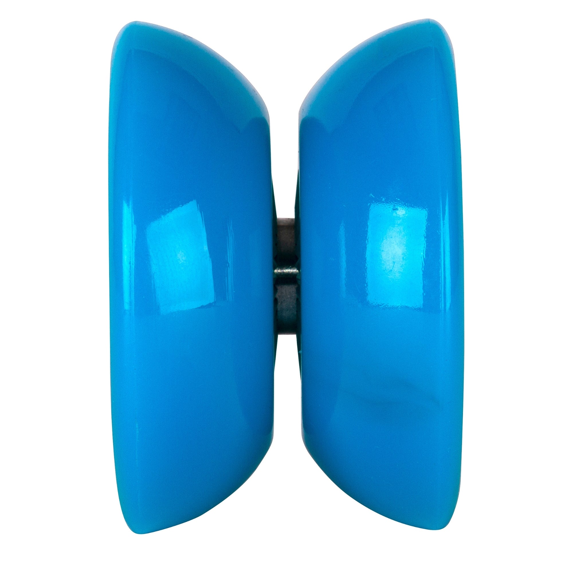 A close-up of the Duncan Butterfly XT Yo-Yo by Duncan shows its bright blue, cone-shaped ends joined by a black axle—resembling a butterfly yo-yo built for tricks.