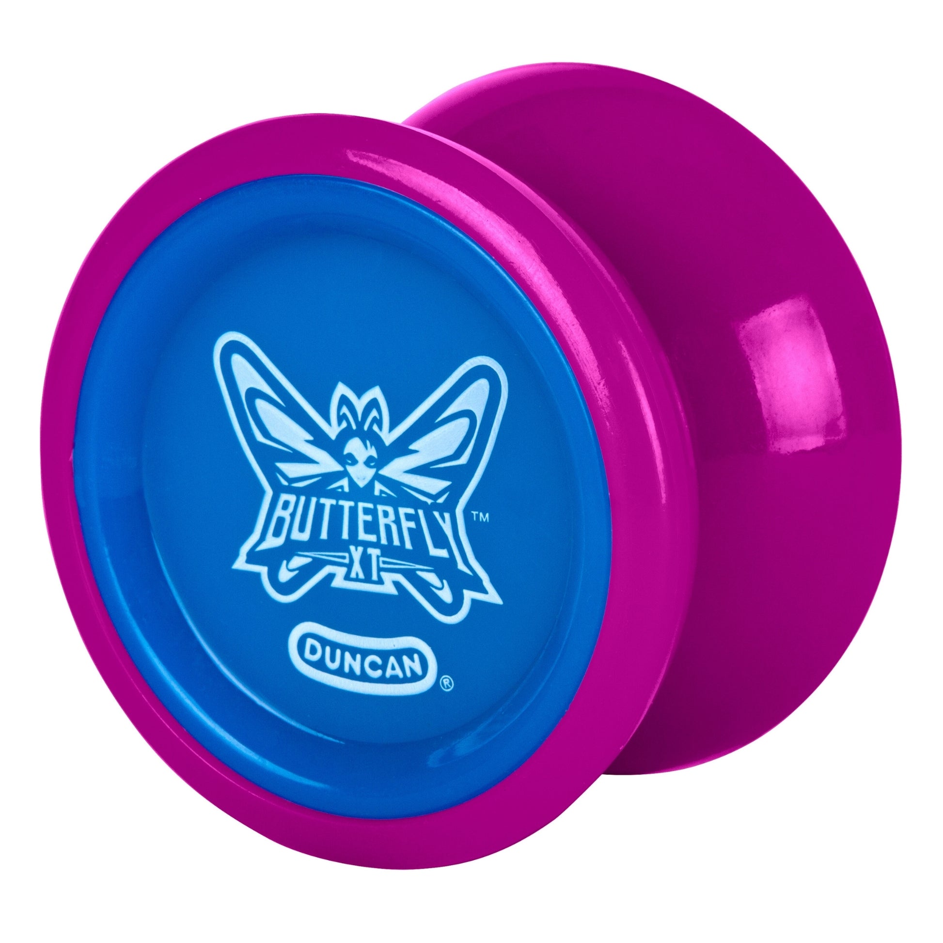 The Duncan Butterfly XT Yo-Yo by Duncan features a blue center with a butterfly logo and "Butterfly" in white, accented by bright pink rims—ideal for tricks and classic yo-yo fun.