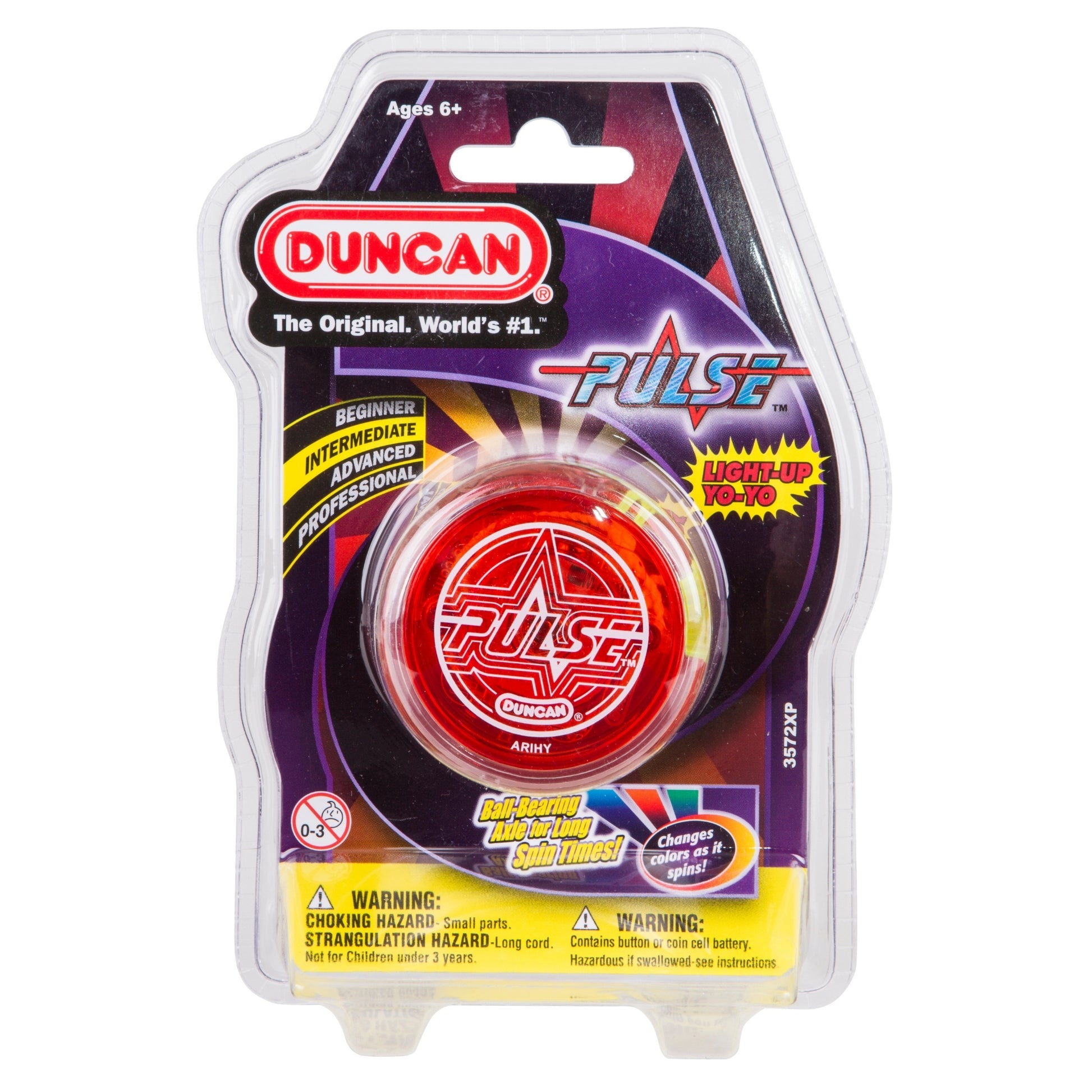 A packaged Duncan Pulse Light-up Yo-Yo, red and labeled for ages 6+, features light-up and spin effects. The packaging displays skill levels, caution warnings, and highlights its light-up design.