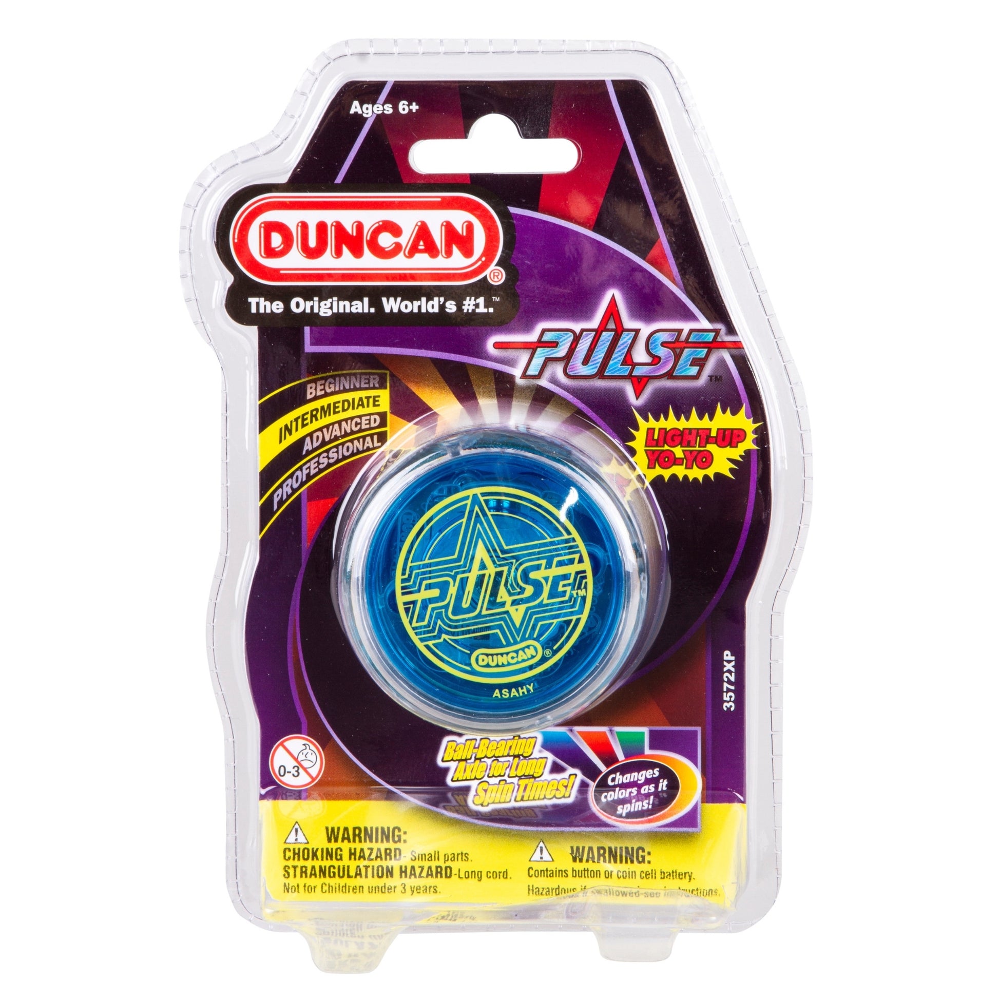 The Duncan Pulse Light-up Yo-Yo, blue and labeled for ages 6+, comes in plastic packaging that features color-changing LED lights, skill levels, and includes caution and choking hazard warnings at the bottom.