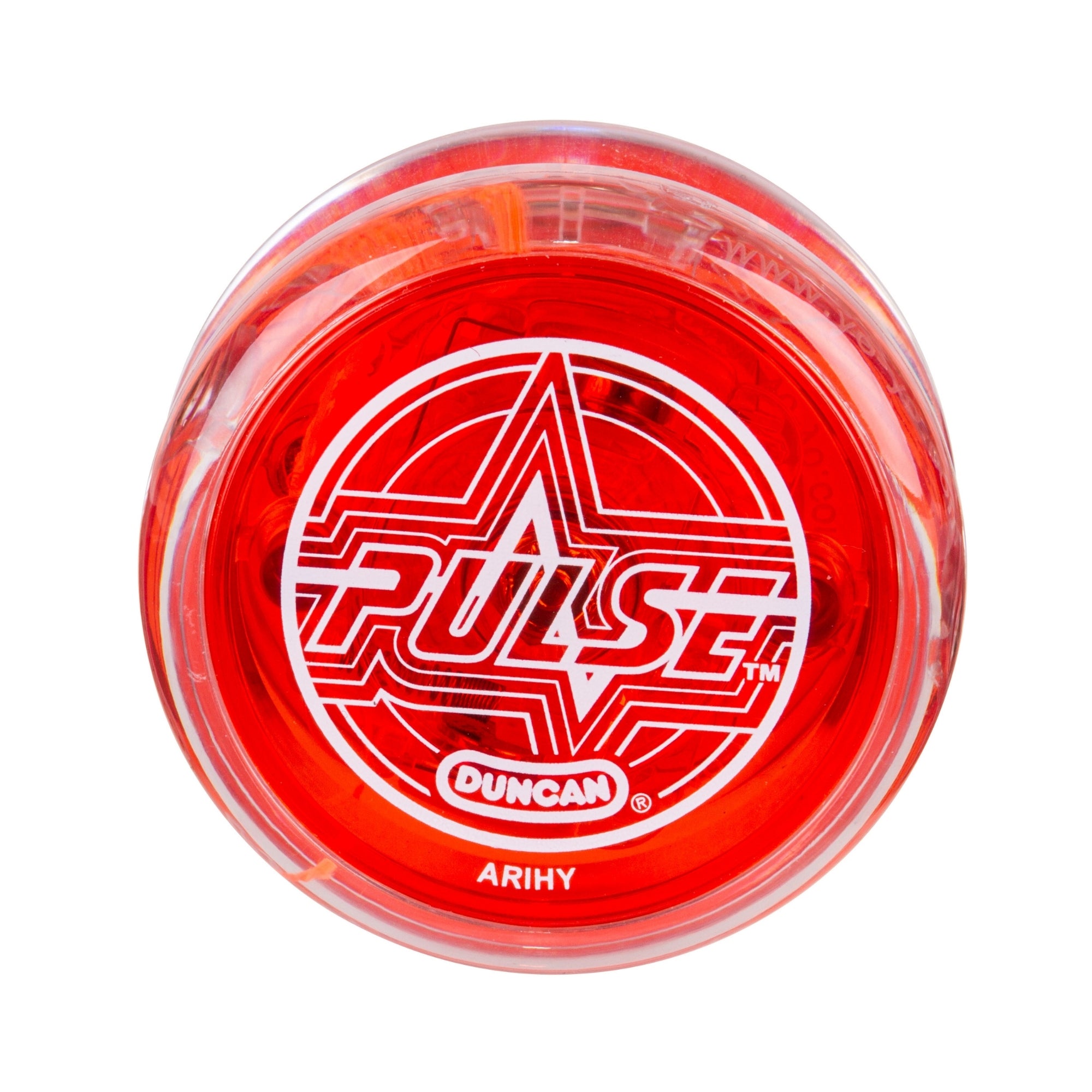 A red Duncan Pulse Light-up Yo-Yo with a clear rim, white star design, and "PULSE" and "DUNCAN" printed in the center. The word "ARIHY" appears at the bottom.
