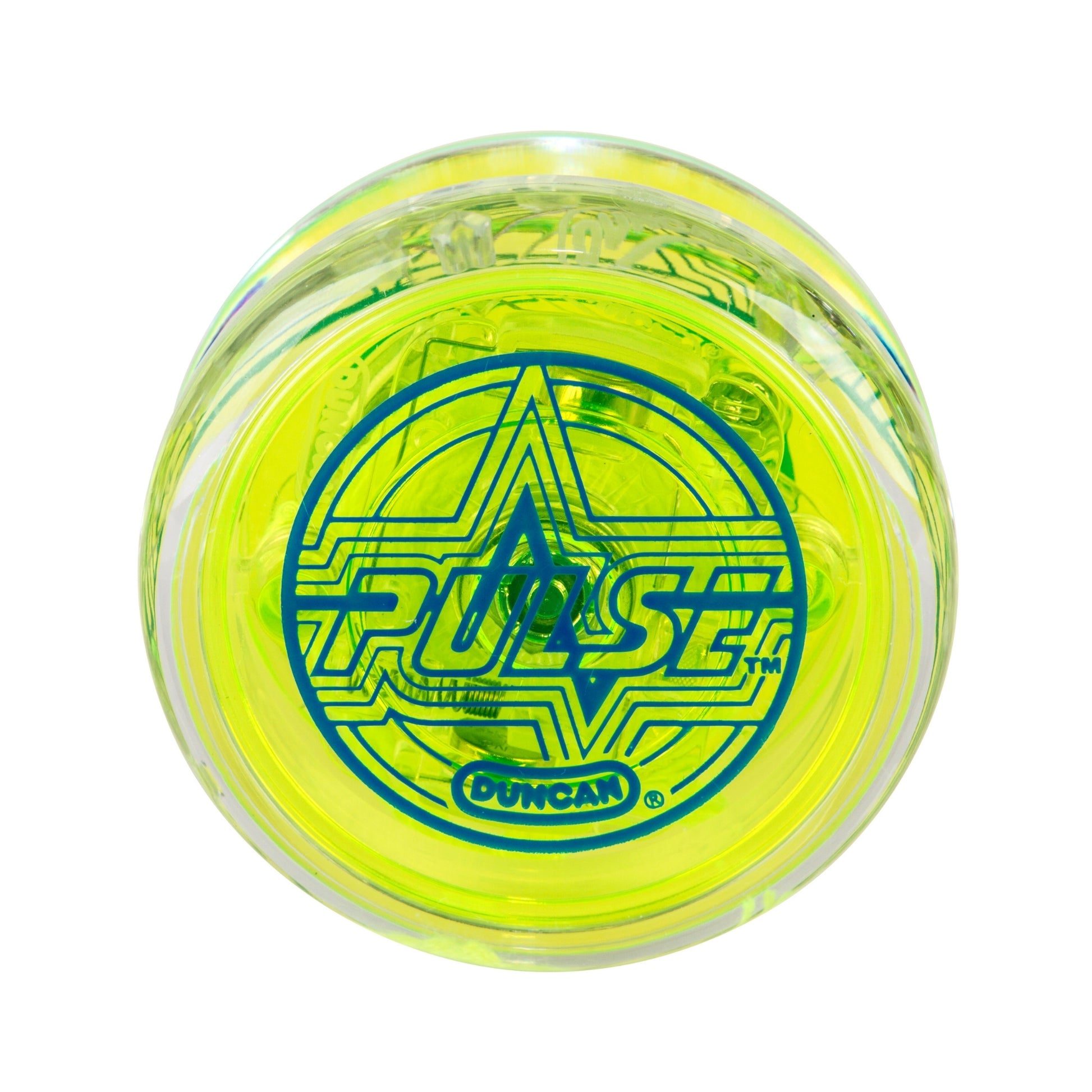 A bright yellow Duncan Pulse Light-up Yo-Yo featuring a transparent outer edge and a blue "Pulse" logo with star design on the center cap.