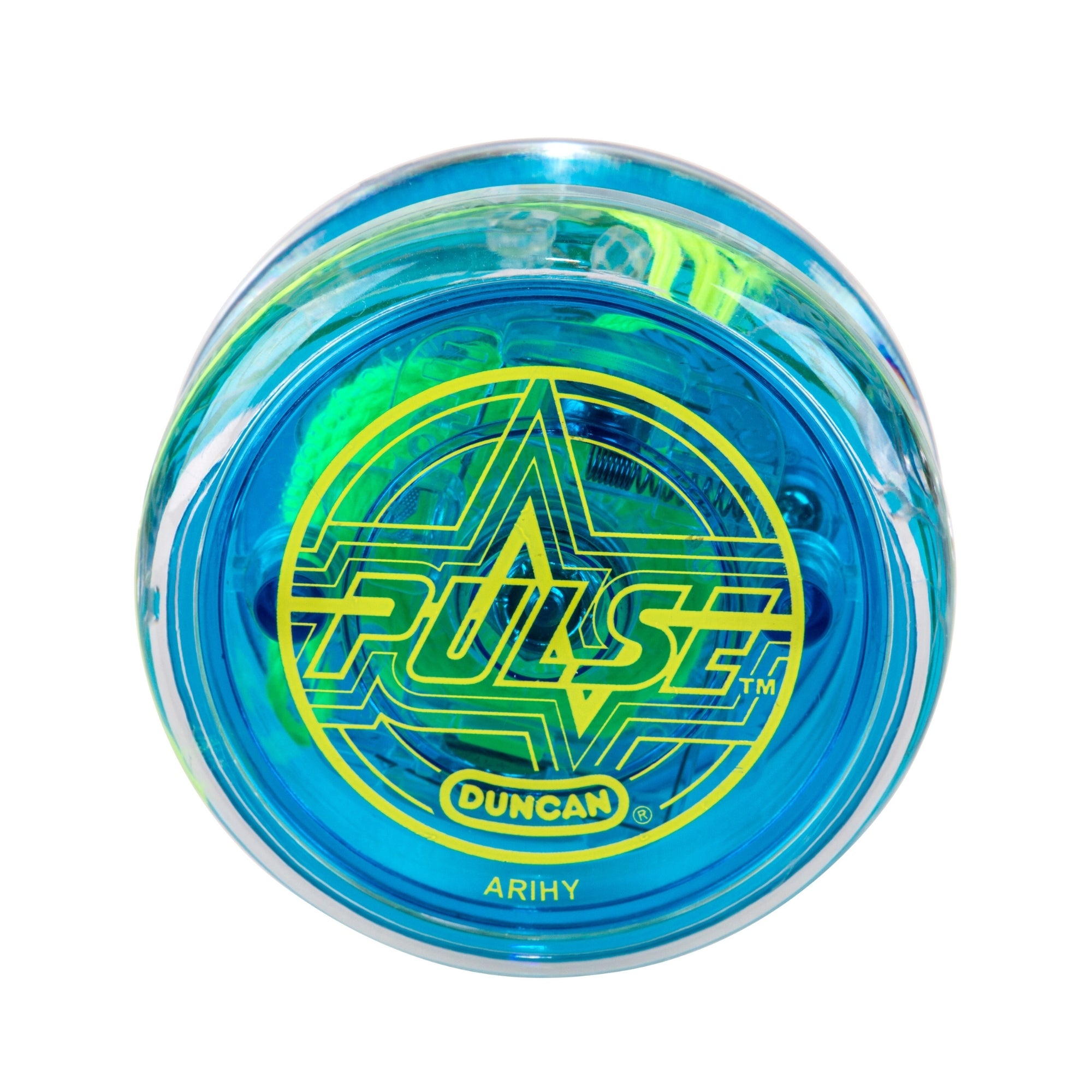 The Duncan Pulse Light-up Yo-Yo features blue and green transparent sides, visible internal components, and yellow branding.