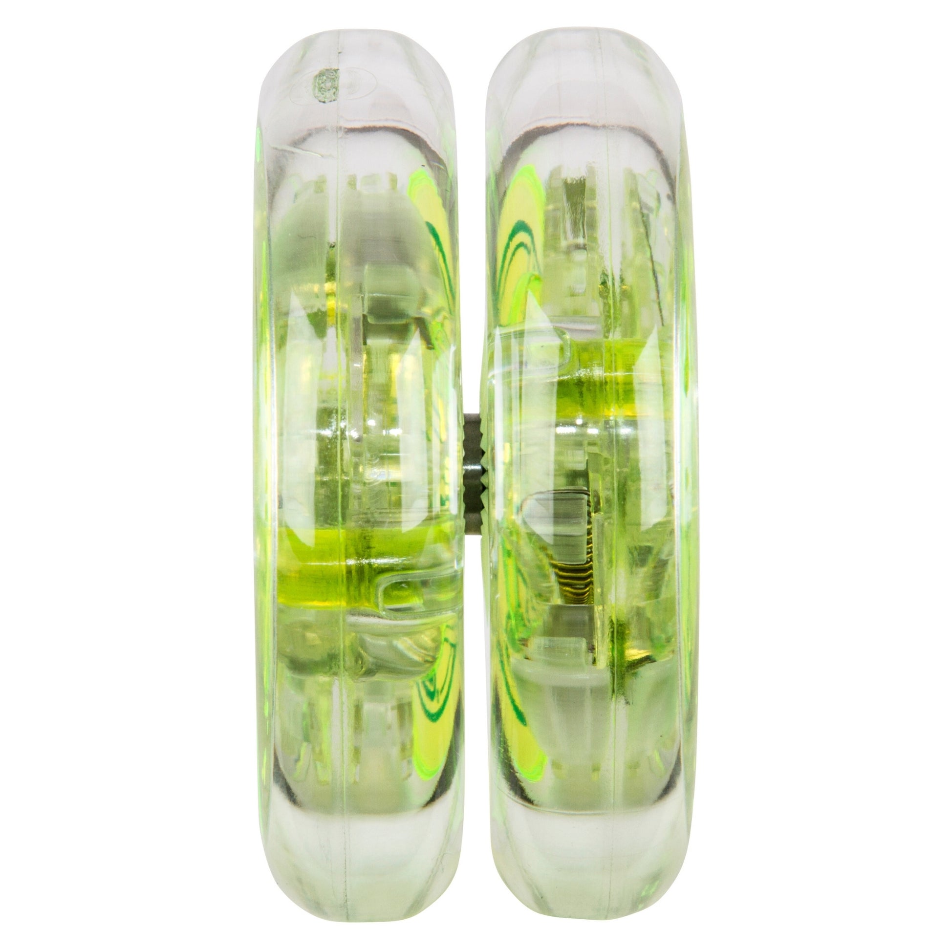 A close-up, front-facing view of the Duncan Pulse Light-up Yo-Yo, featuring clear and neon green transparent plastic sides that reveal its internal mechanisms.