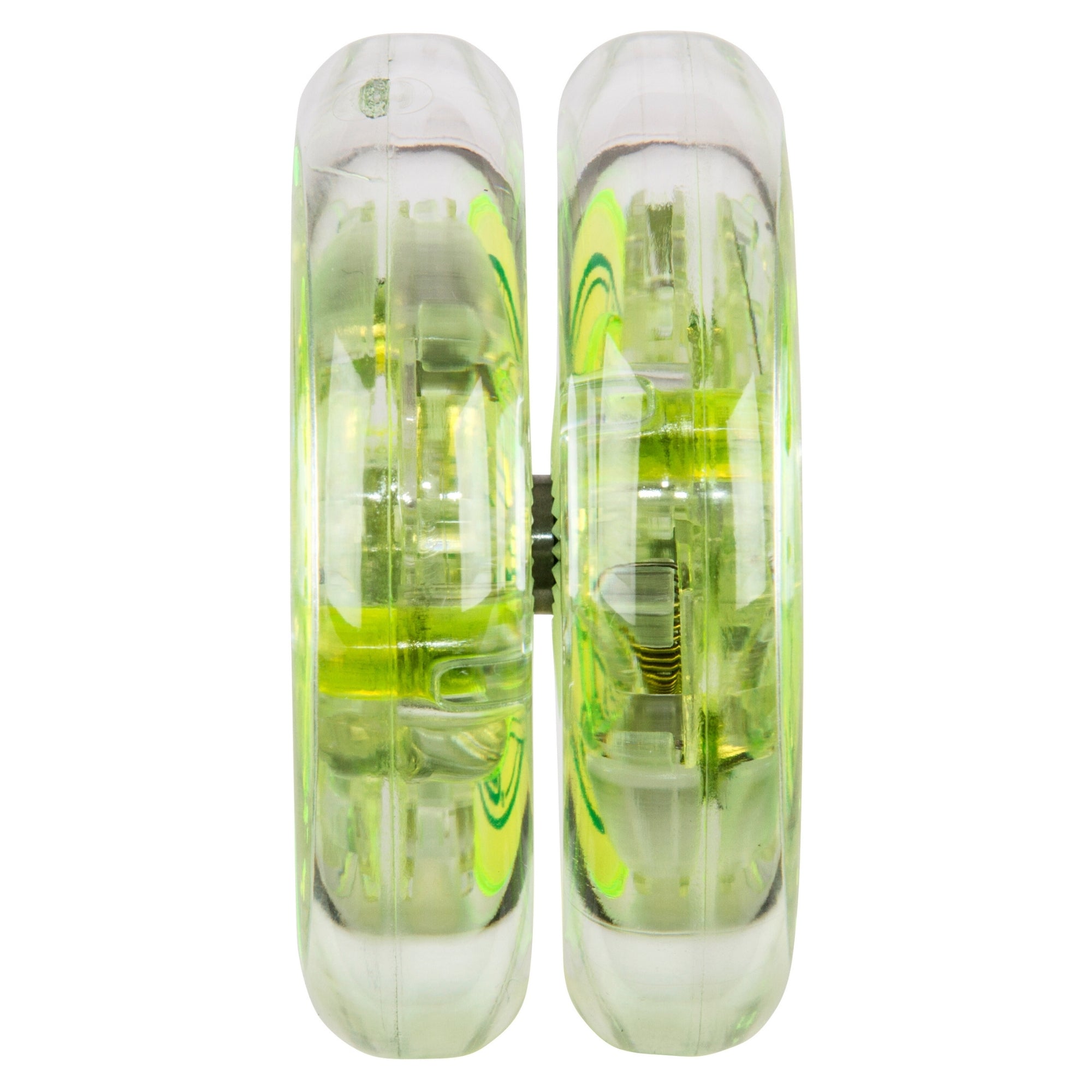 A close-up, front-facing view of the Duncan Pulse Light-up Yo-Yo, featuring clear and neon green transparent plastic sides that reveal its internal mechanisms.