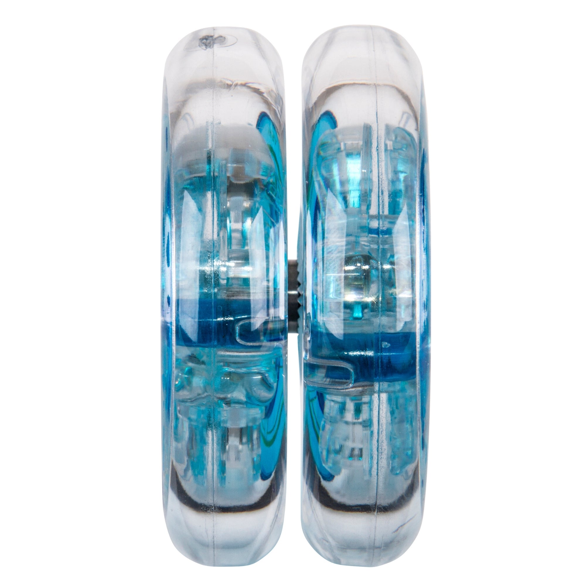 A close-up of two Duncan Pulse Light-up Yo-Yos with blue internal components, placed vertically side by side on a white background.
