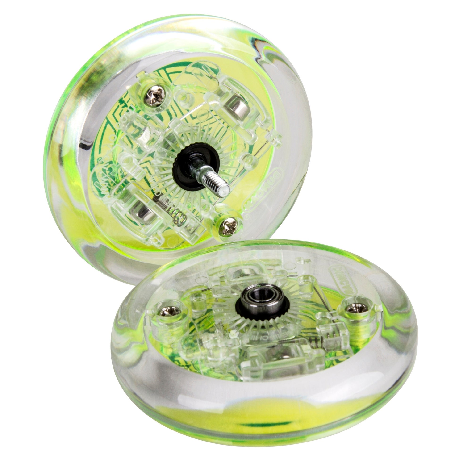 Two Duncan Pulse Light-up Yo-Yos with a green-yellow tint and visible internal mechanisms are displayed on a white background—one upright, the other lying flat.