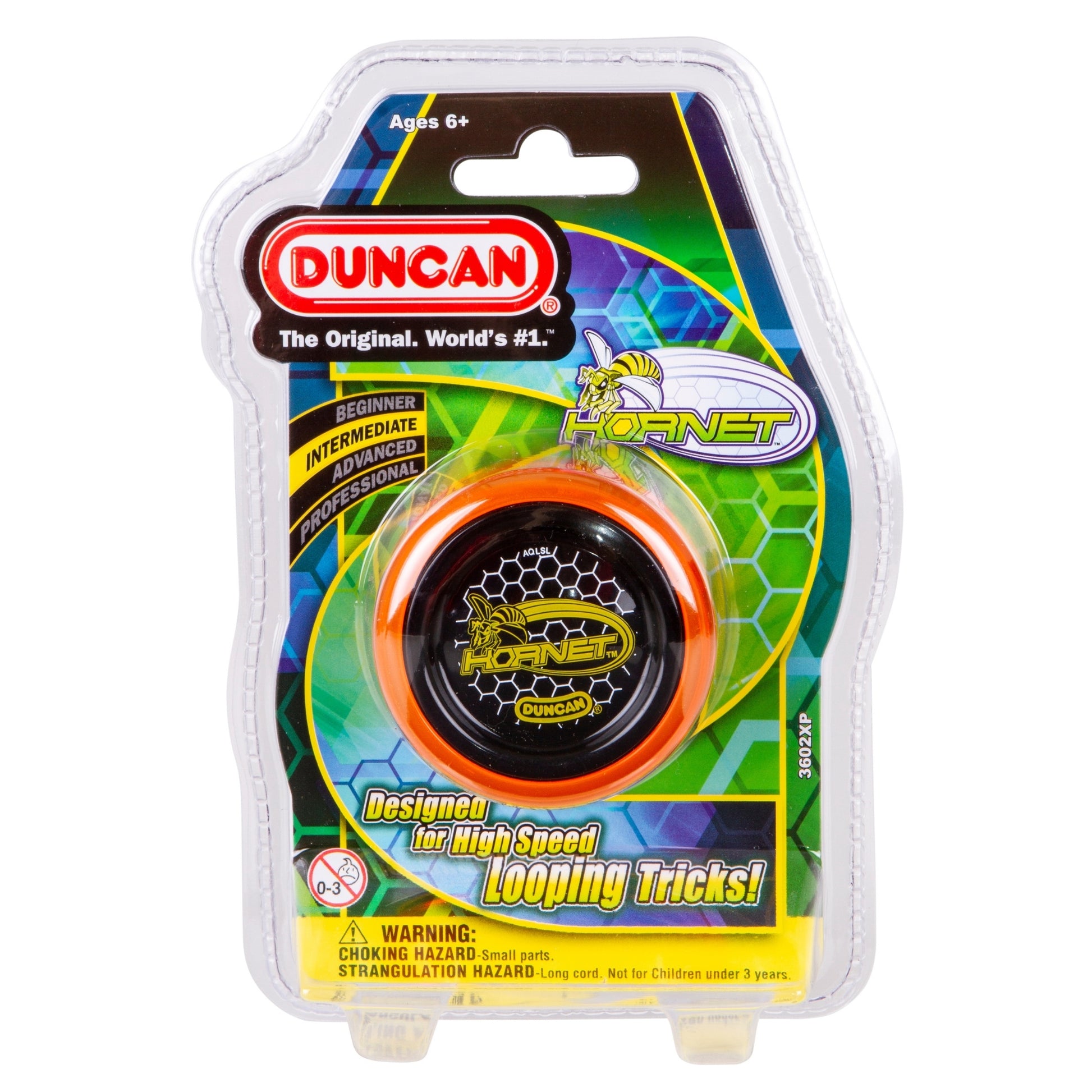 Duncan Hornet Pro Looping Yo-Yos by Duncan come in colorful plastic packaging featuring a bee logo. Labeled for ages 6+, they’re designed for high-speed looping tricks and list beginner, intermediate, and advanced skill levels.