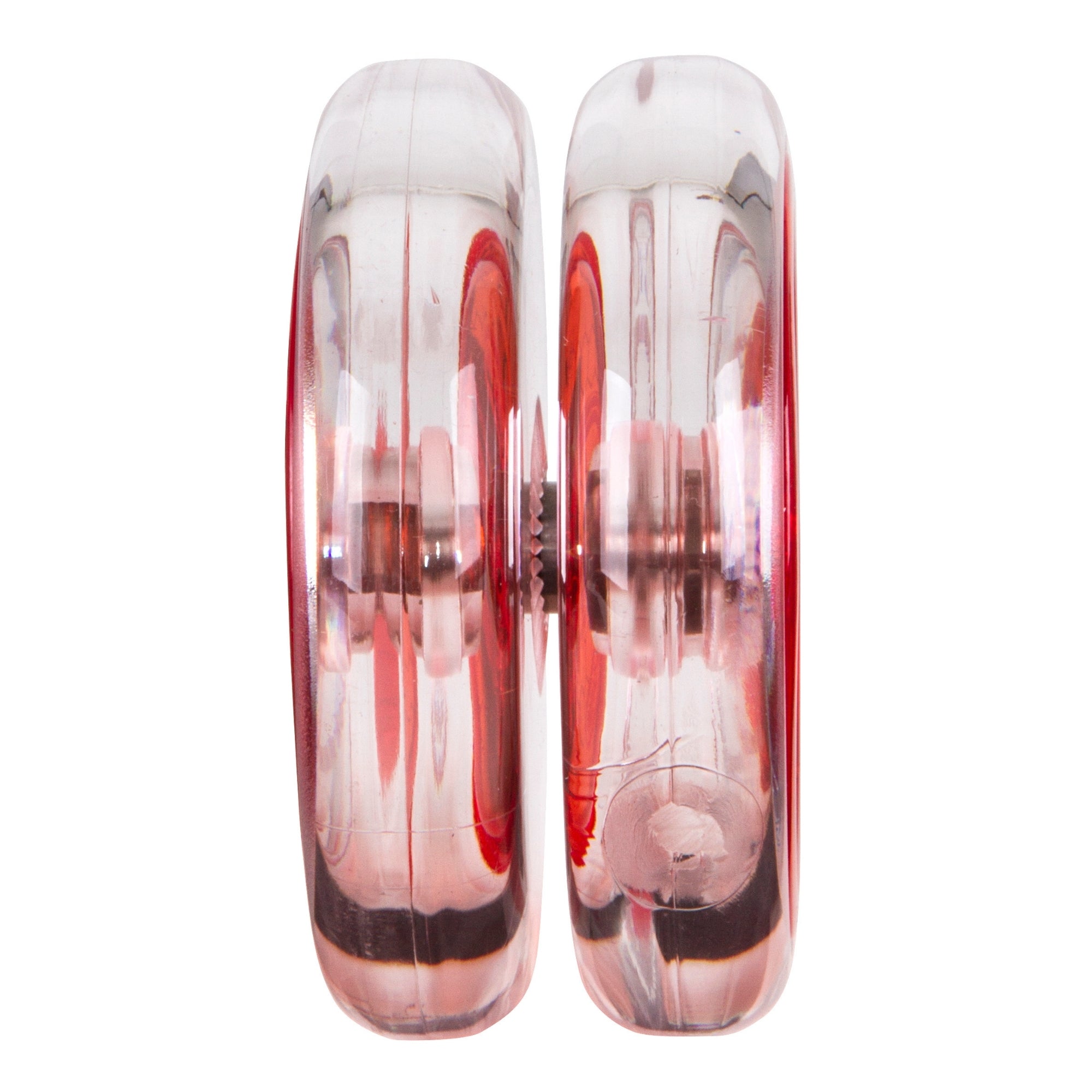 A close-up of the Duncan Hornet Pro Looping Yo-Yo by Duncan stands upright on a white background, its transparent red halves and central axle visible—ideal for mastering advanced looping tricks.