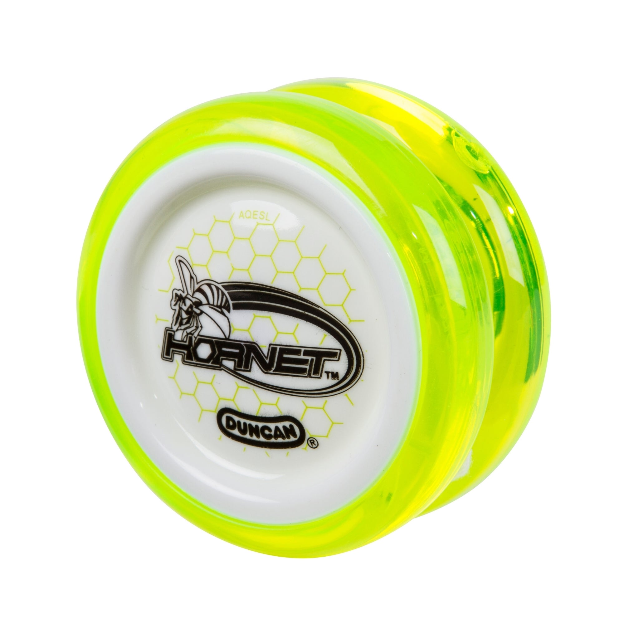 The Duncan Hornet Pro Looping Yo-Yos by Duncan features a yellow and white design with a honeycomb pattern and hornet graphic, ideal for looping tricks, shown against a plain white background.