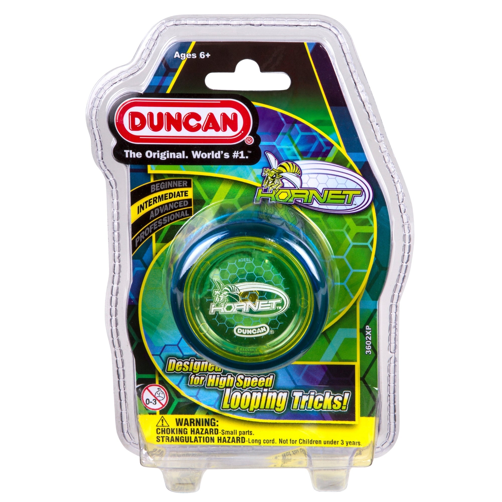 The Duncan Hornet Pro Looping Yo-Yos by Duncan come in a clear plastic blister pack with green and yellow graphics and product details. Designed for advanced looping tricks, they're suitable for ages 6 and up.