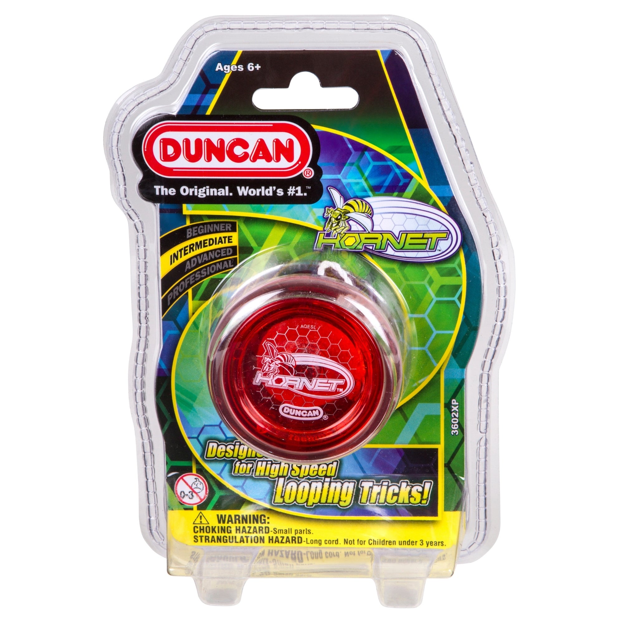 A packaged Duncan Hornet Pro Looping Yo-Yo by Duncan, made for high-speed looping tricks, features a visible red yo-yo. The packaging includes green and yellow accents plus safety warnings for children under three.
