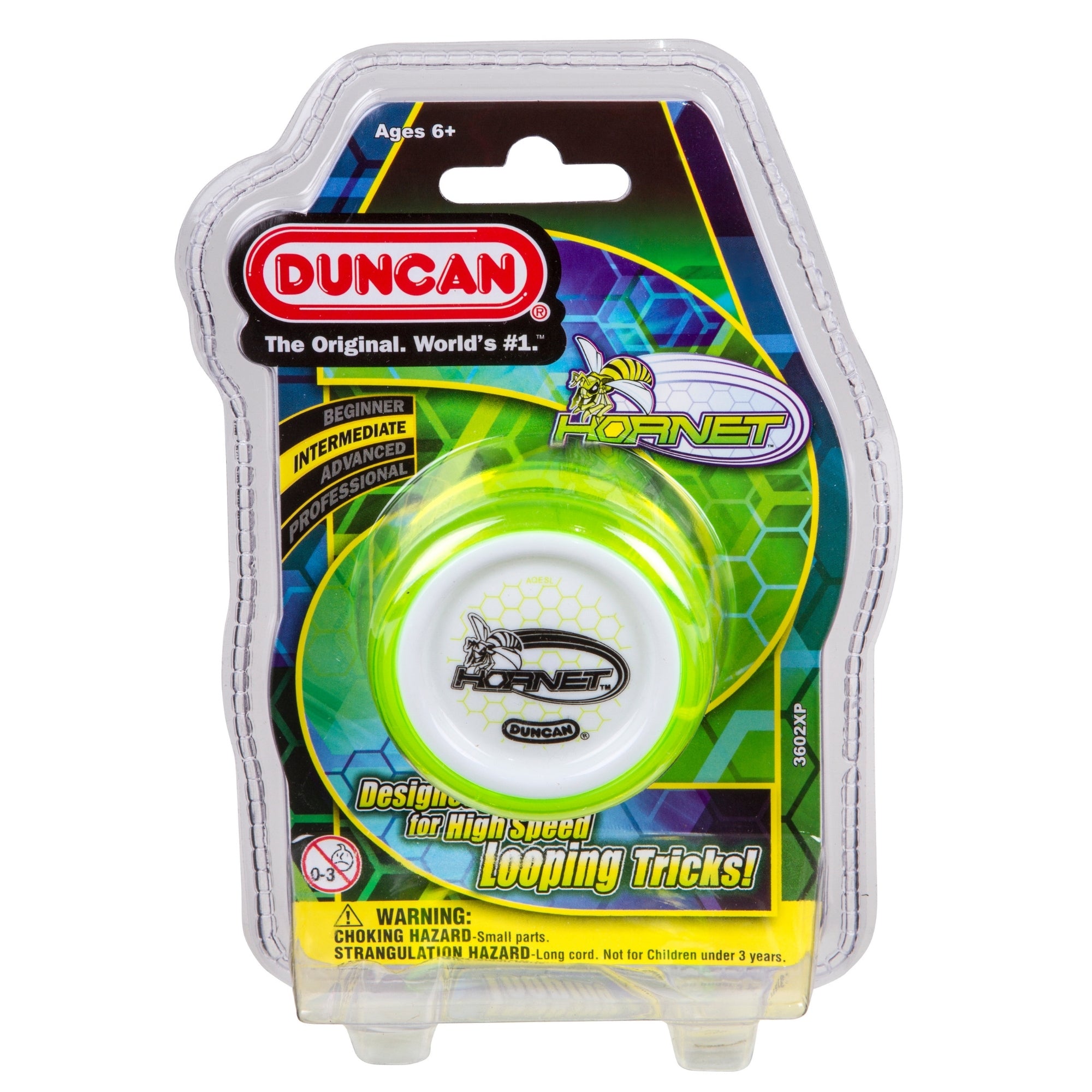 The Duncan Hornet Pro Looping Yo-Yo, suited for ages 6+, features a green and white design. The packaging highlights its fit for beginners to advanced users, promotes high-speed looping tricks, and includes visible warning labels at the bottom.