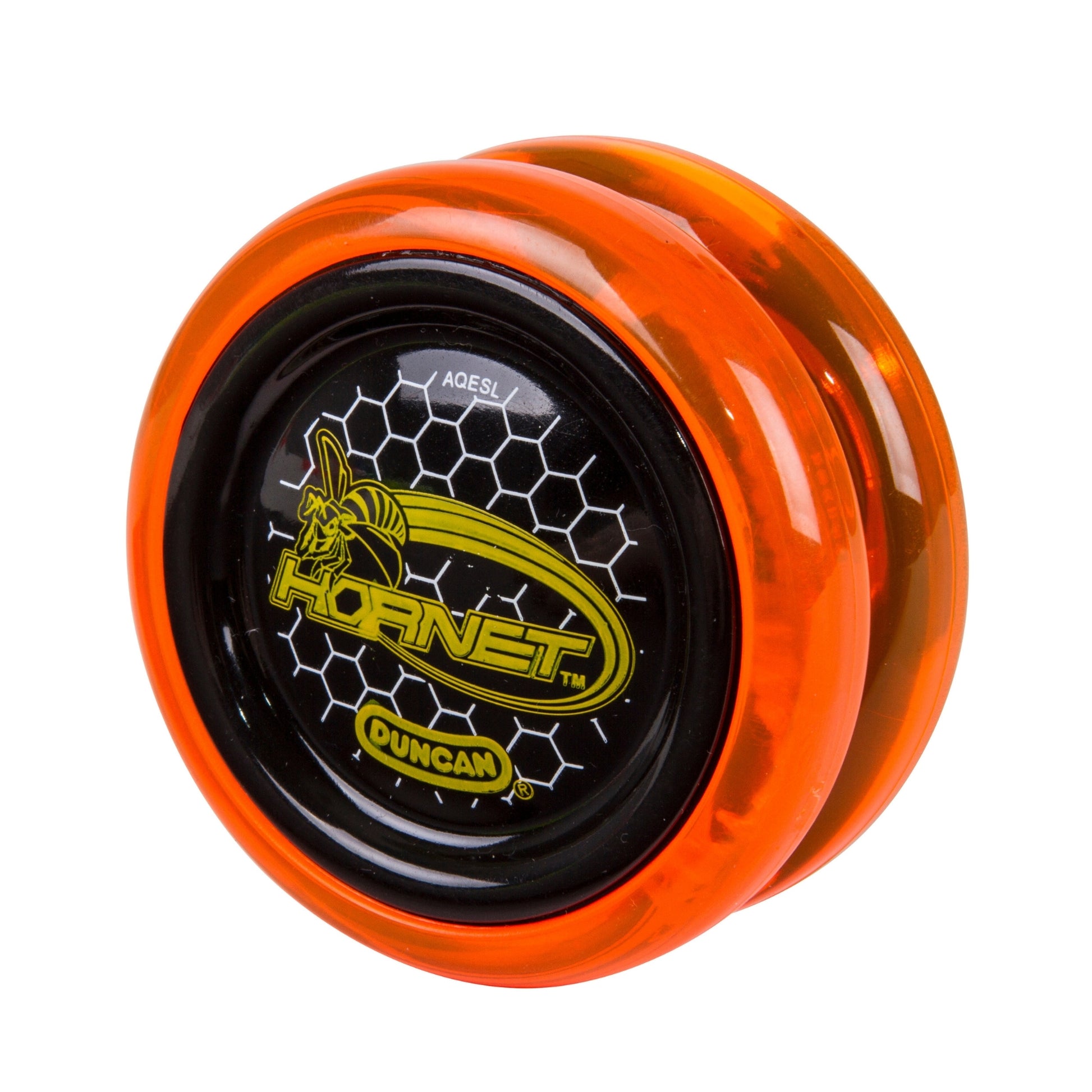 The Duncan Hornet Pro Looping Yo-Yo features an orange body, black center cap with a yellow hornet graphic and hexagonal pattern, plus the Duncan logo—ideal for mastering looping tricks.