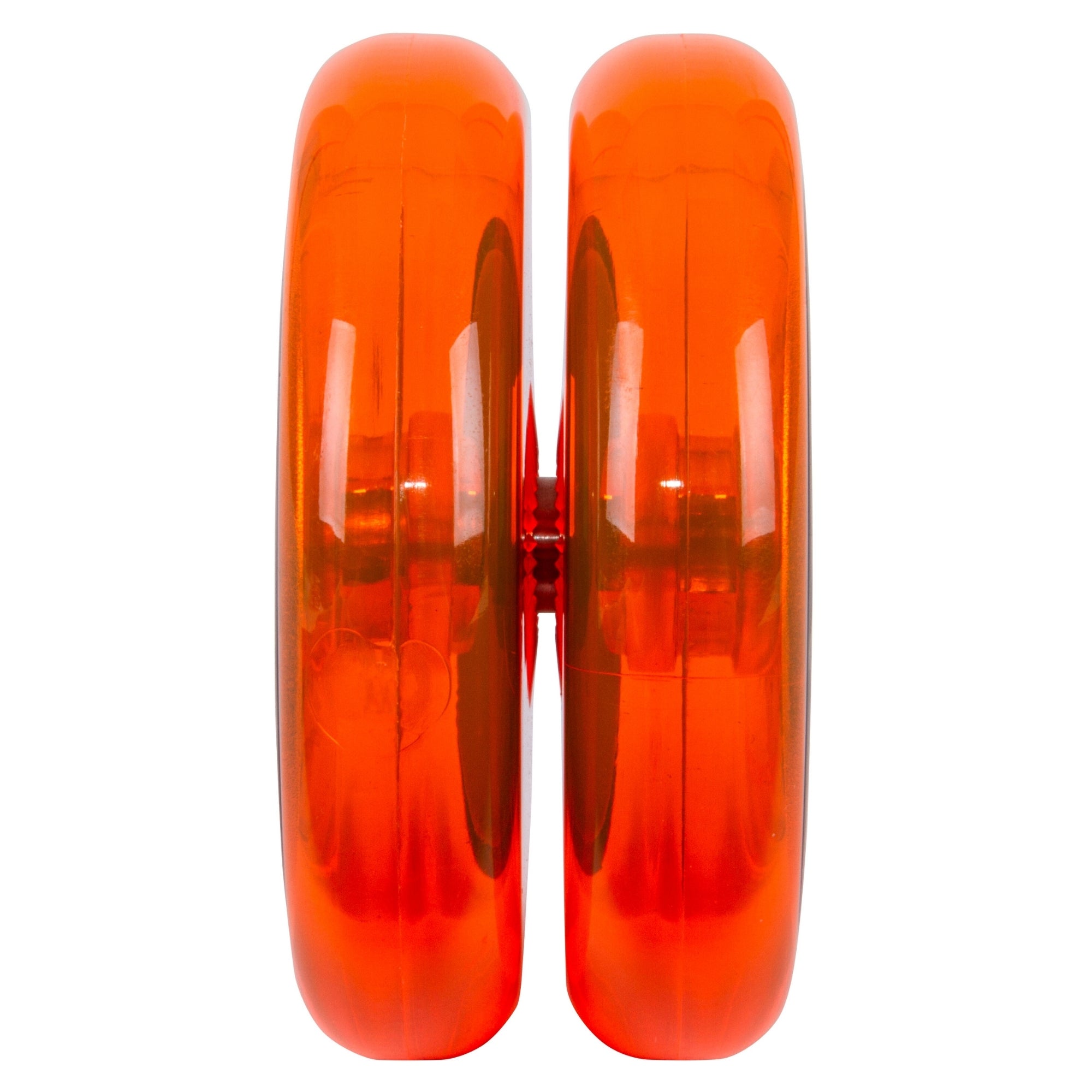 A close-up of the Duncan Hornet Pro Looping Yo-Yo by Duncan, upright with its orange translucent body, rounded sides facing forward, highlighting its symmetrical design and central axis.