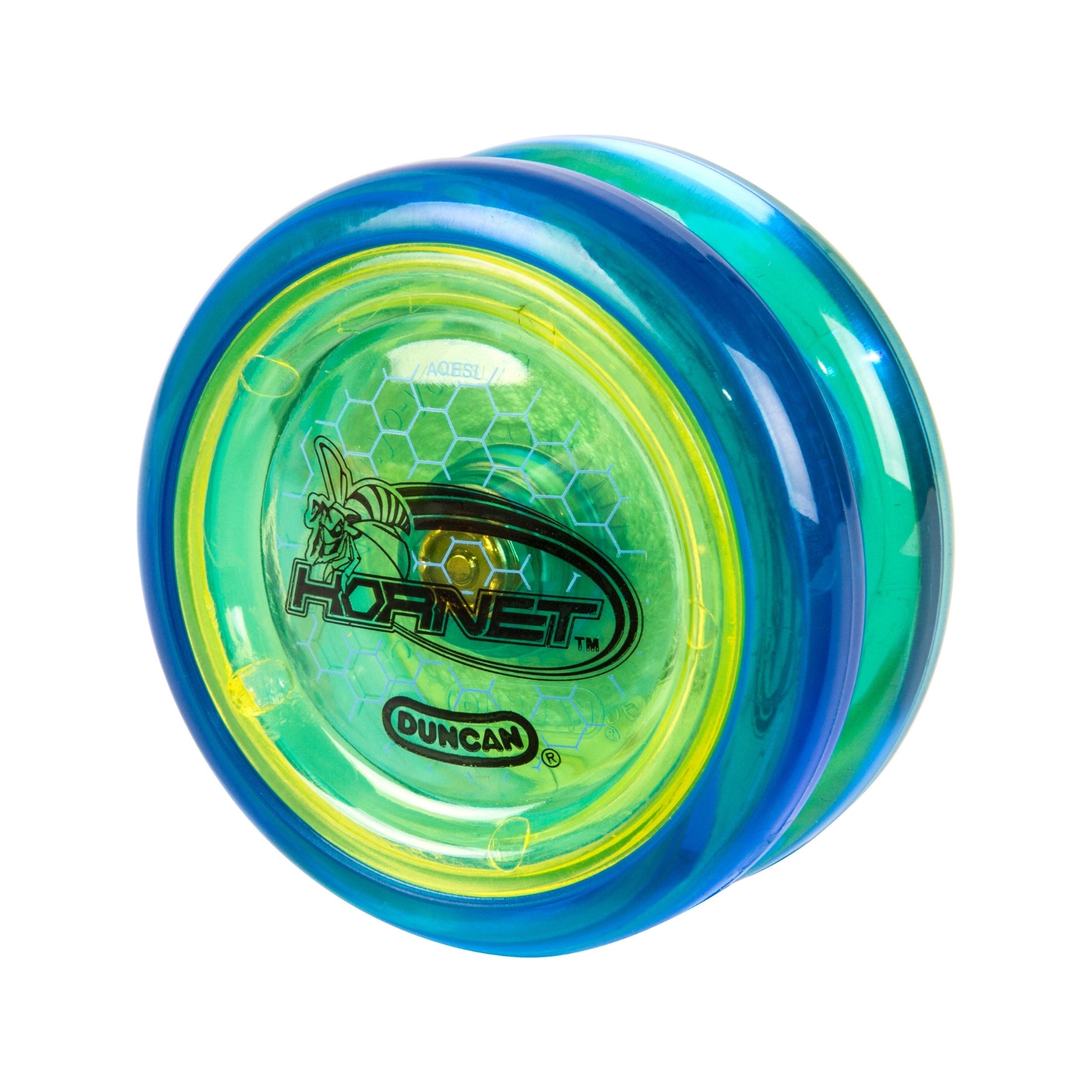 The Duncan Hornet Pro Looping Yo-Yo by Duncan features a blue and green body, yellow and clear center, hornet graphic, and honeycomb pattern—ideal for looping tricks.