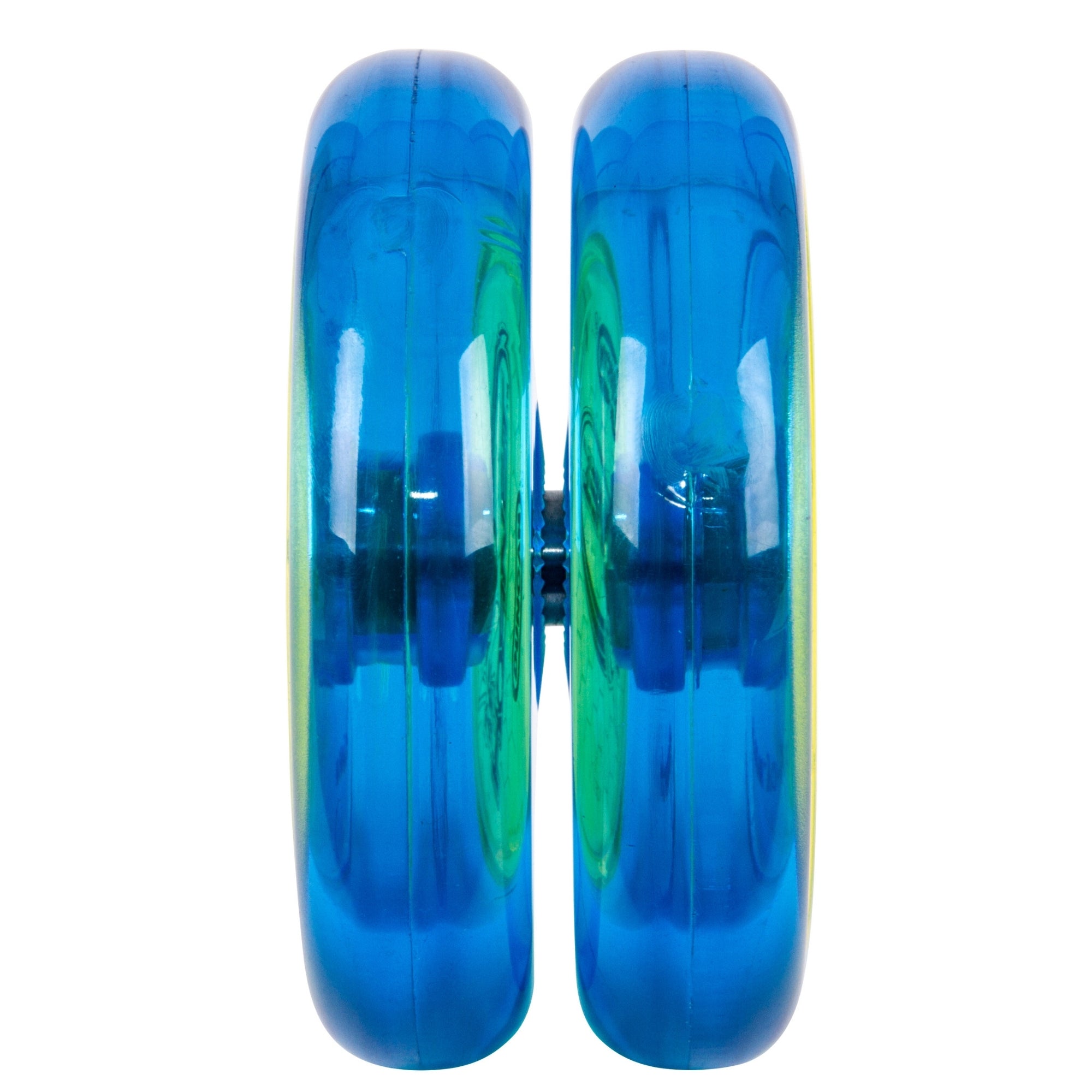 A close-up front view of the Duncan Hornet Pro Looping Yo-Yo by Duncan, featuring translucent blue and green round sides and a visible axle against a white background—ideal for mastering looping tricks.
