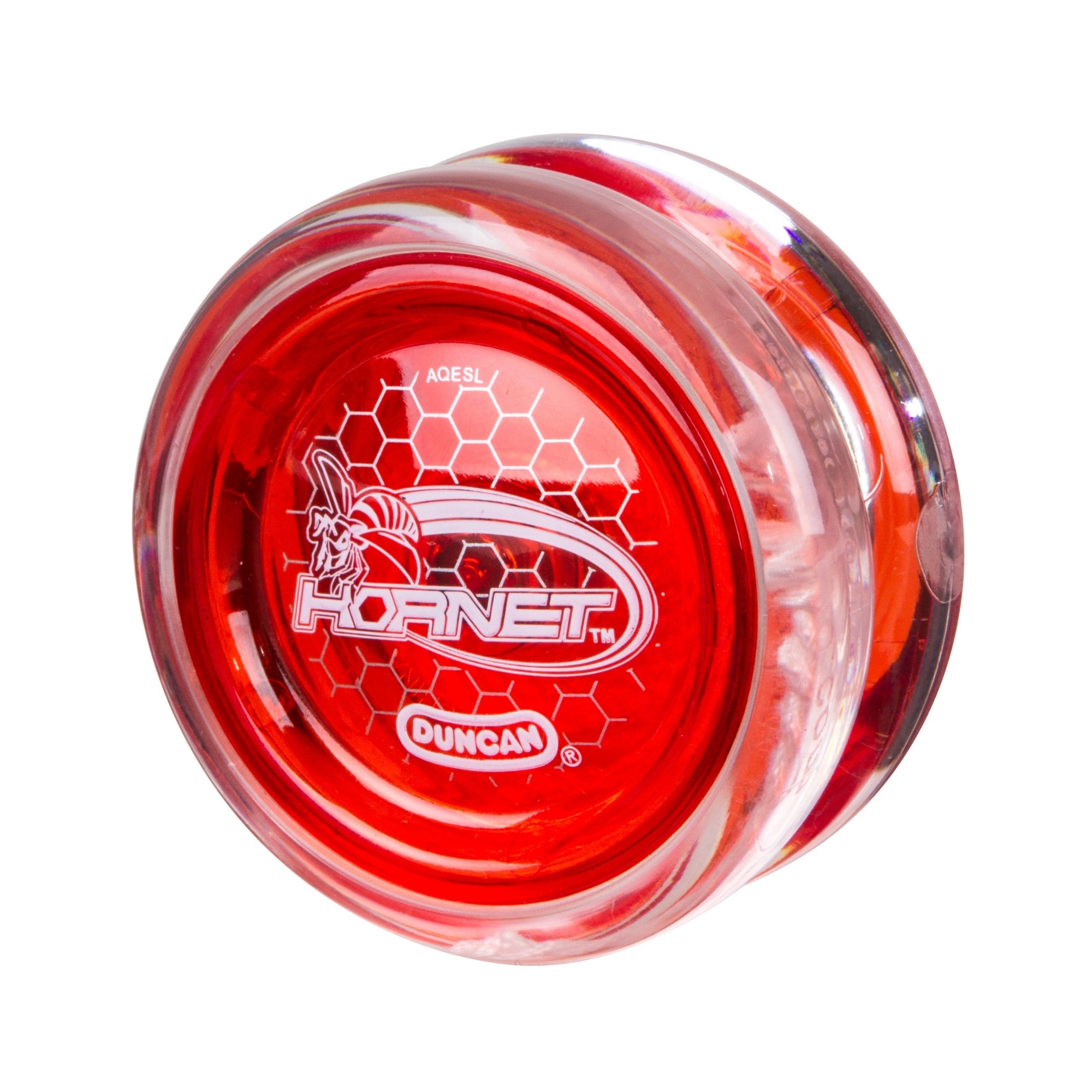 A red and clear plastic Duncan Hornet Pro Looping Yo-Yo with white honeycomb patterns and the text "Hornet" and "Duncan" on its side.