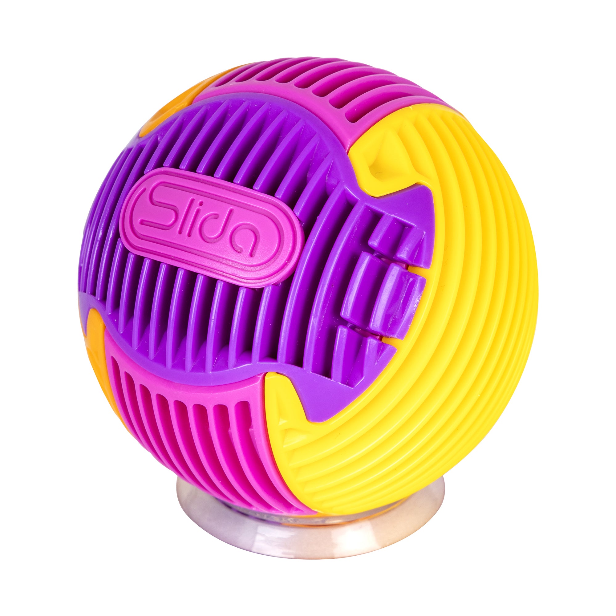A vibrant Duncan SLIDA Assortment PDQ ball, featuring interlocking purple, yellow, and pink segments, sits on a small silver stand.