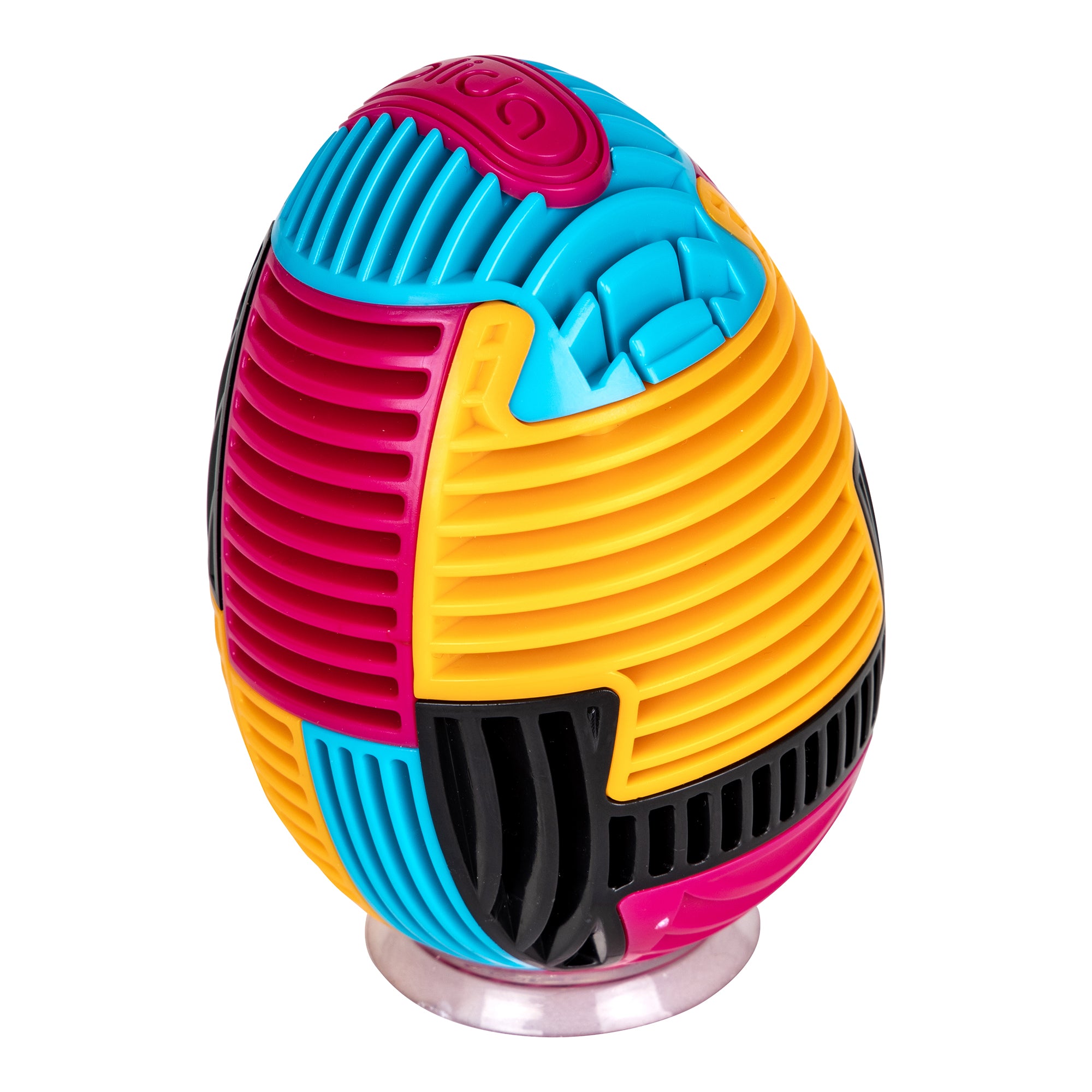 The Duncan SLIDA Assortment PDQ by Duncan features colorful, egg-shaped toys with grooved, textured surfaces in red, yellow, blue, black, and pink that stand upright on a small clear base.