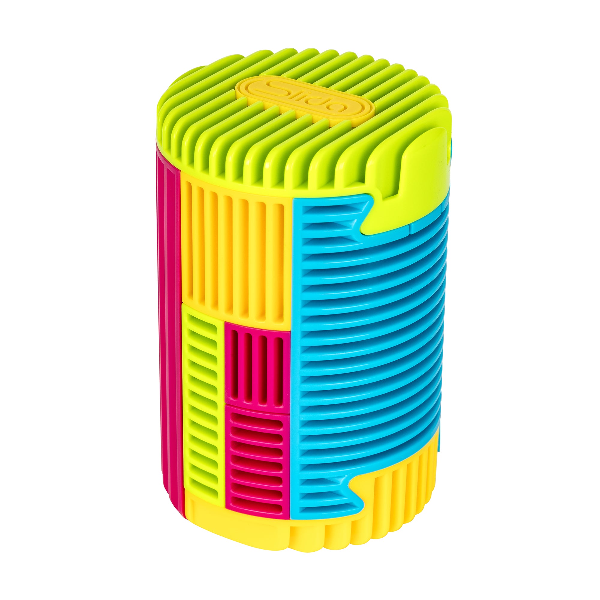 The Duncan SLIDA Assortment PDQ by Duncan is a multicolored, cylindrical plastic container with ribbed, textured sides in yellow, blue, pink, and green. It features rounded edges and stands upright on a white background.