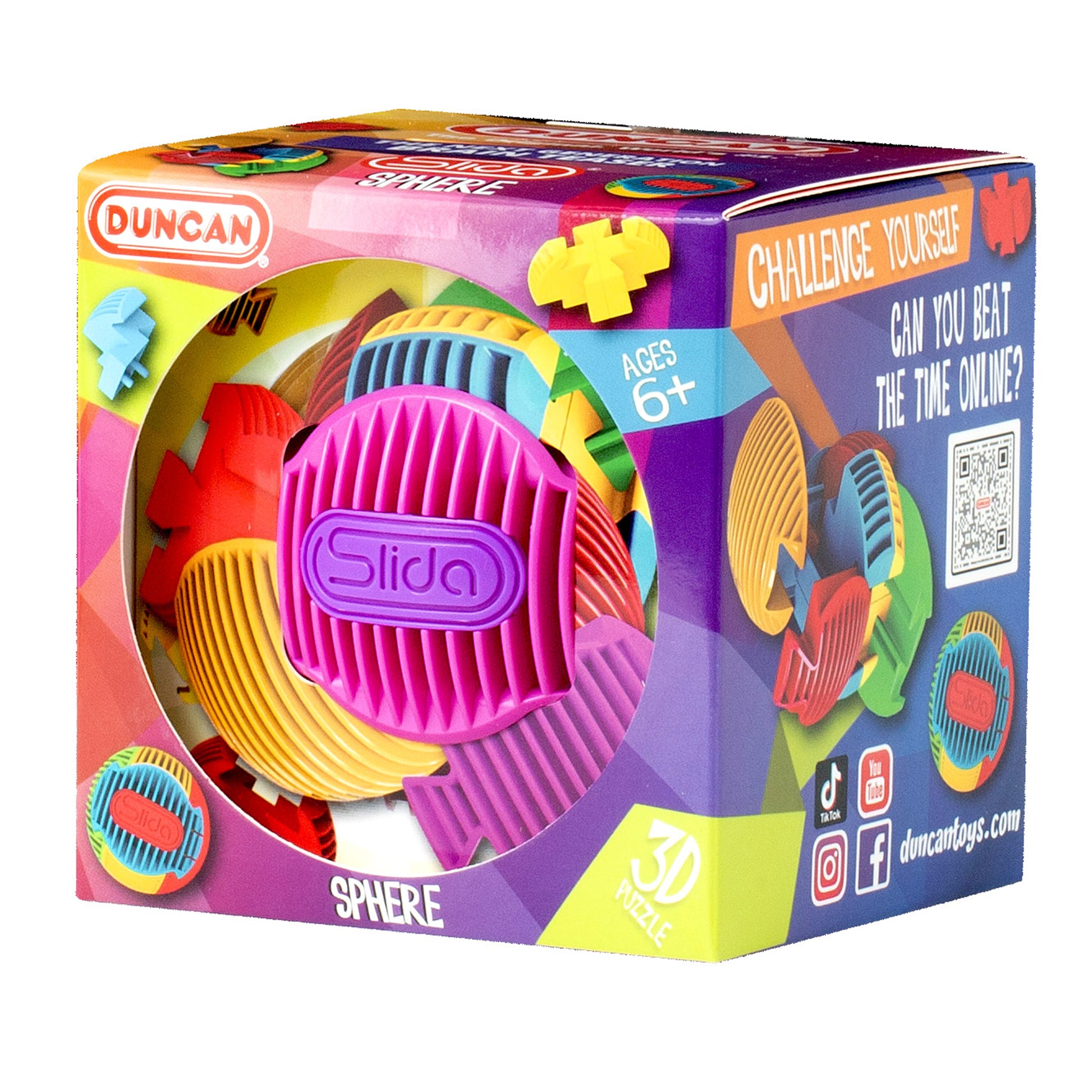 Brightly patterned packaging for the Duncan SLIDA Assortment PDQ displays interlocking, textured pieces. The box features the Duncan brand, an age 6+ recommendation, and invites players to beat the time challenge online.