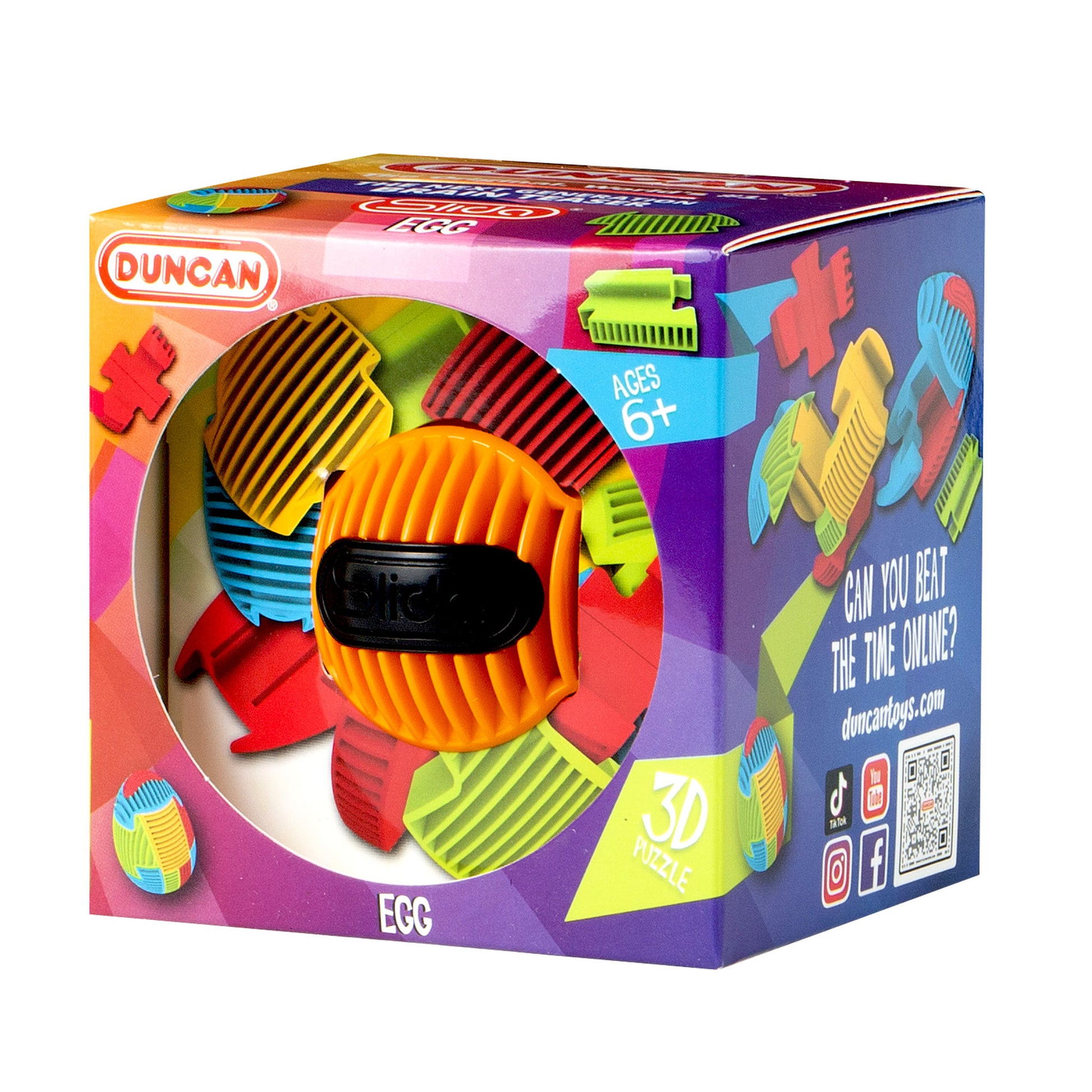A vibrant Duncan SLIDA Assortment PDQ toy in its box, for ages 6+, featuring multicolored interlocking pieces and bold Duncan branding on a geometric background.