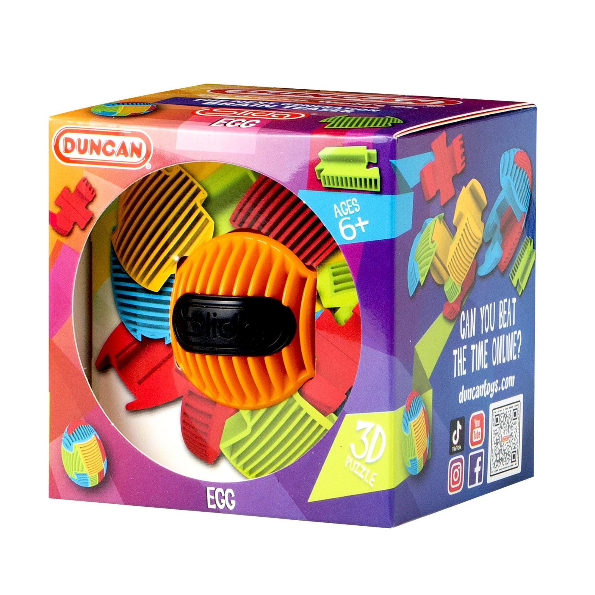 A vibrant Duncan SLIDA Assortment PDQ toy in its box, for ages 6+, featuring multicolored interlocking pieces and bold Duncan branding on a geometric background.
