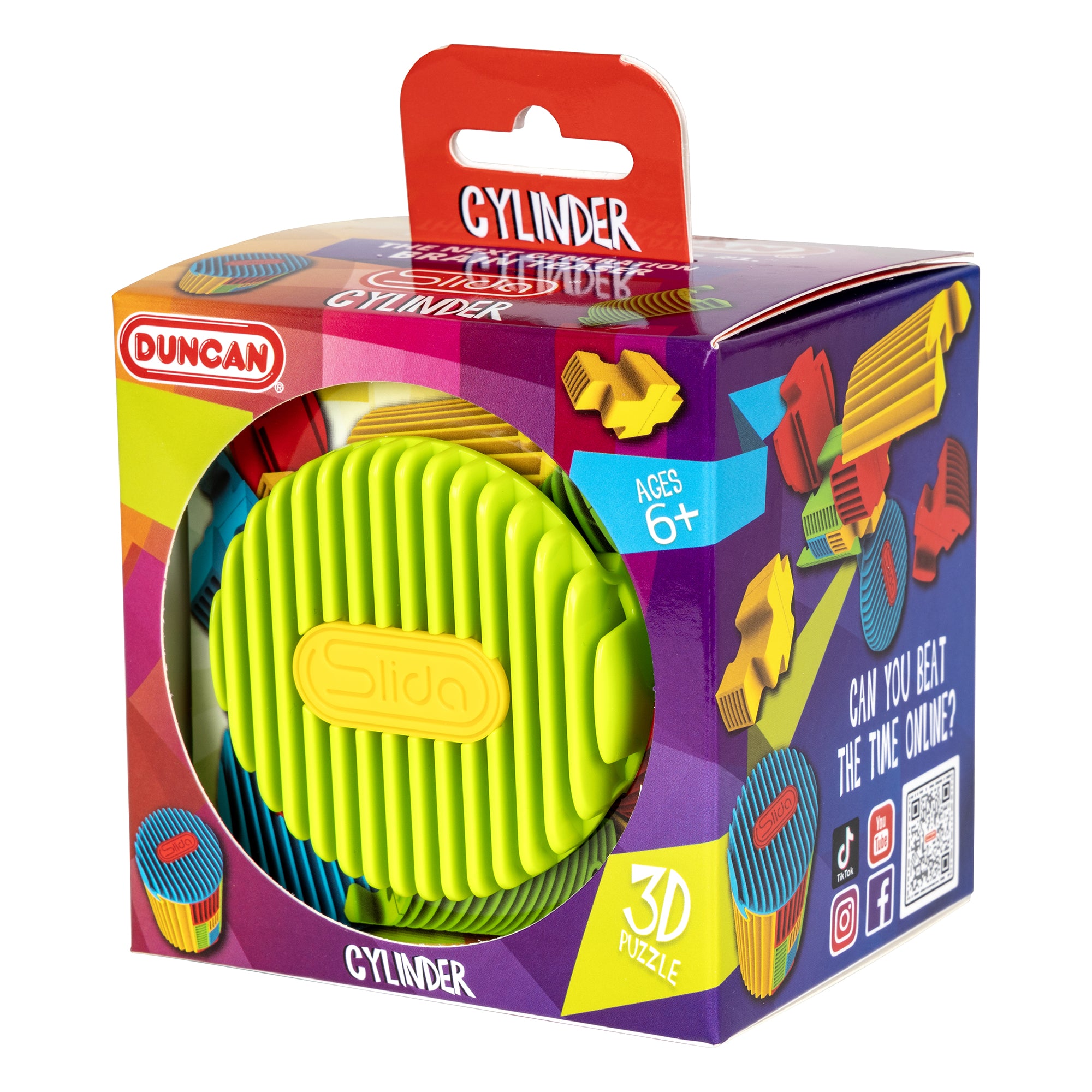 Colorful packaging displays the Duncan SLIDA Assortment PDQ 3D puzzle for ages 6+, showing a yellow and green ridged cylinder through the box. The box features puzzle images and asks, “Can you beat the time online?”.
