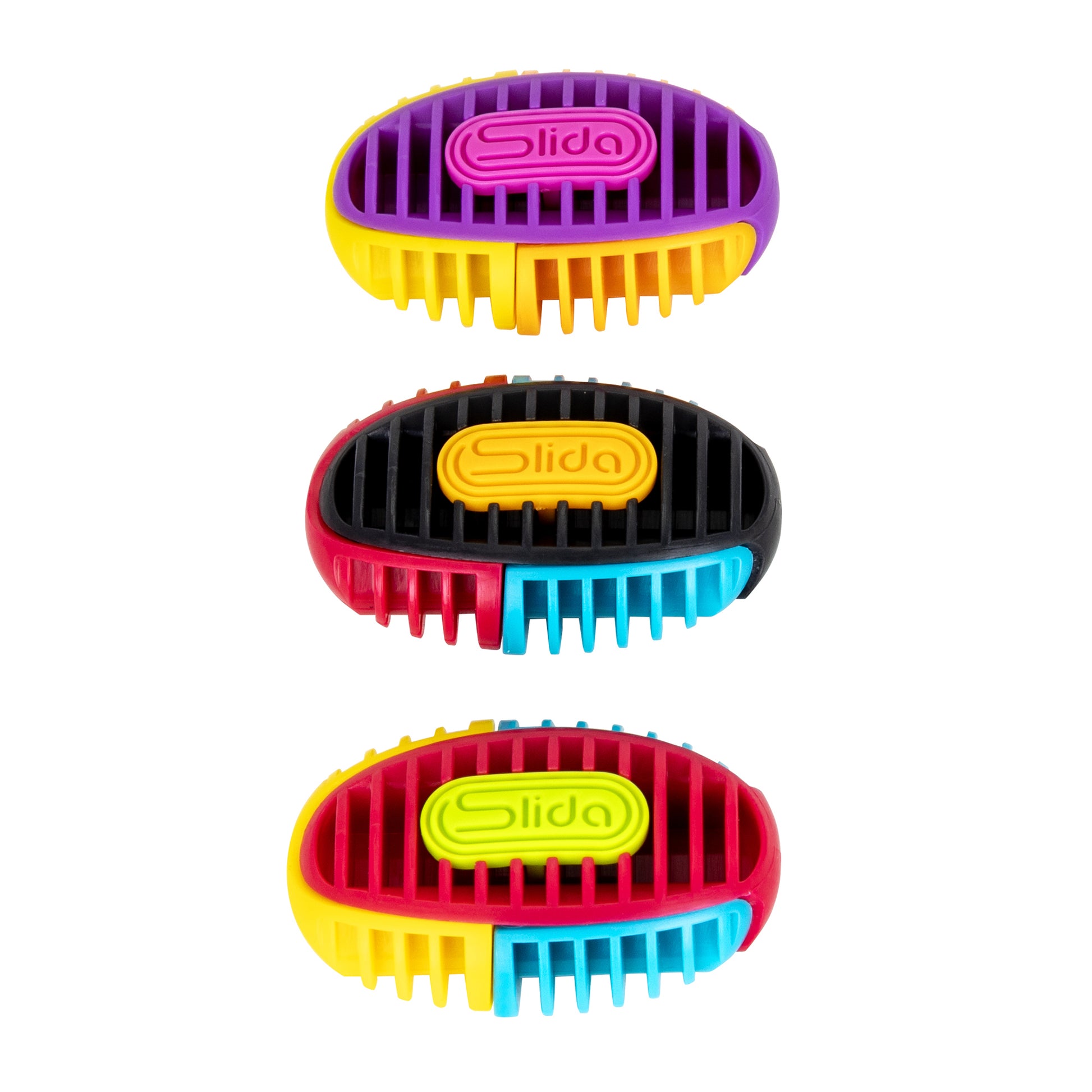 Three vibrant, oval-shaped Duncan SLIDA Mini Click puzzles by Duncan, each with grooved designs and "Slida" on top, are stacked vertically in purple-pink, black-blue-red, and yellow-green-red combinations against a white background.