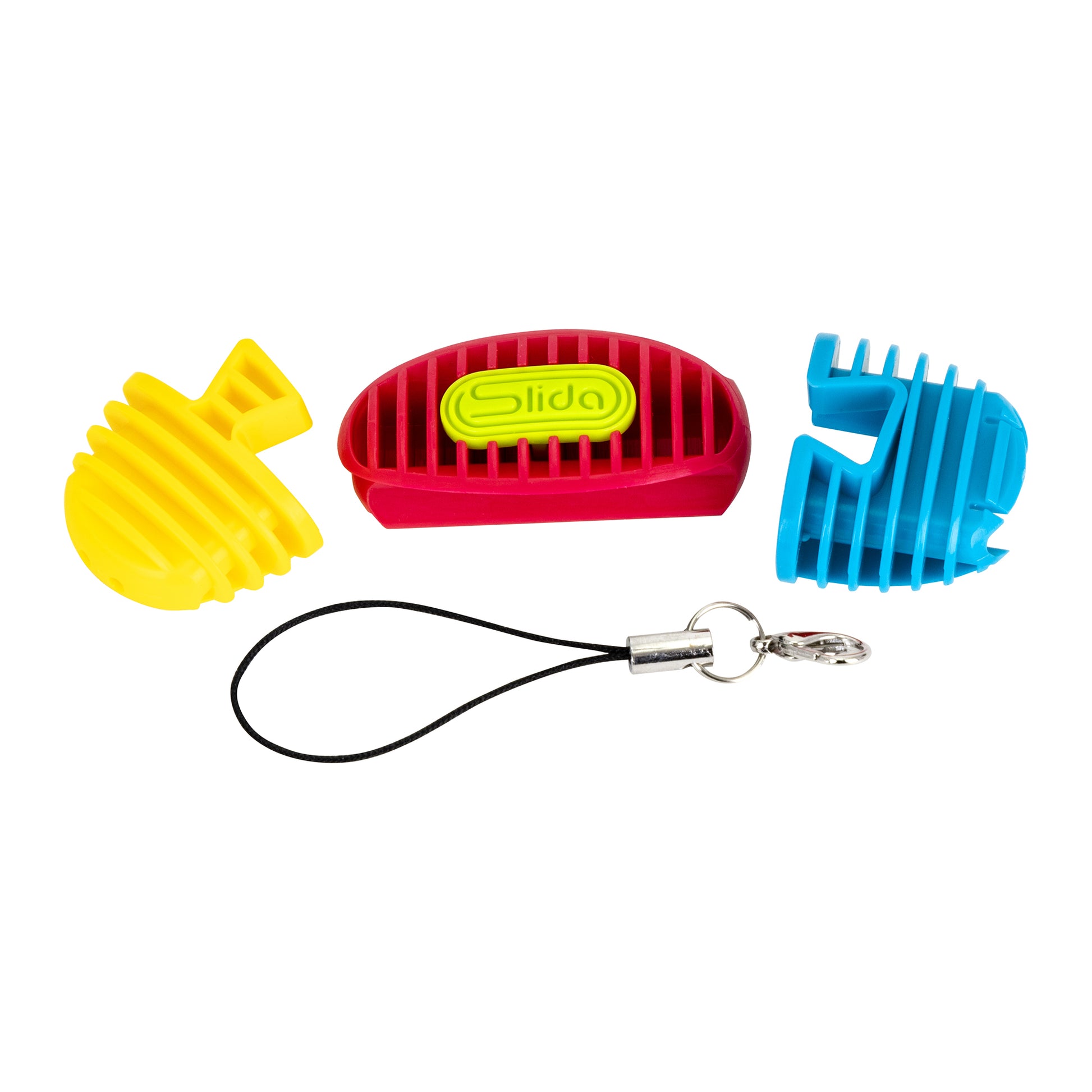 Three Duncan SLIDA Mini Click puzzle pieces—yellow, red with a green label, and blue—are arranged above a small black strap with a metal clasp, all shown on a white background.