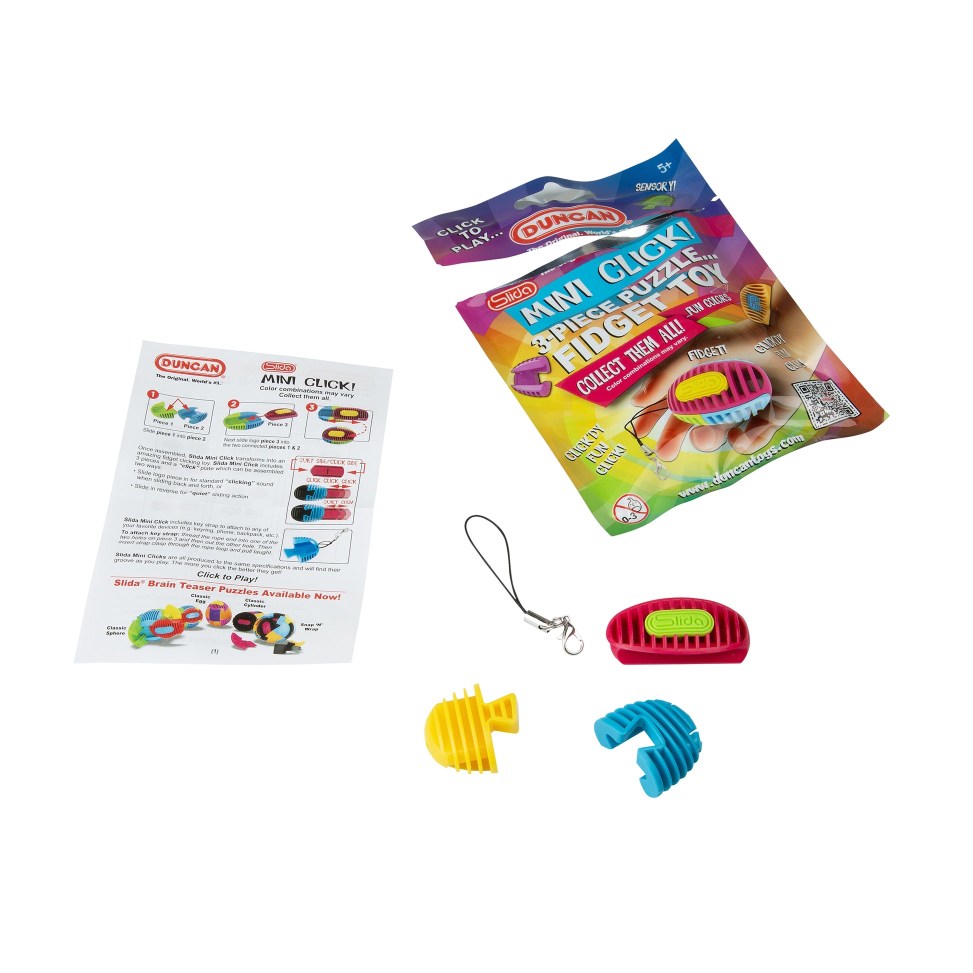 A Duncan SLIDA Mini Click set by Duncan, featuring colorful puzzle pieces, a keychain, an instruction sheet, and original packaging with product name and branding.