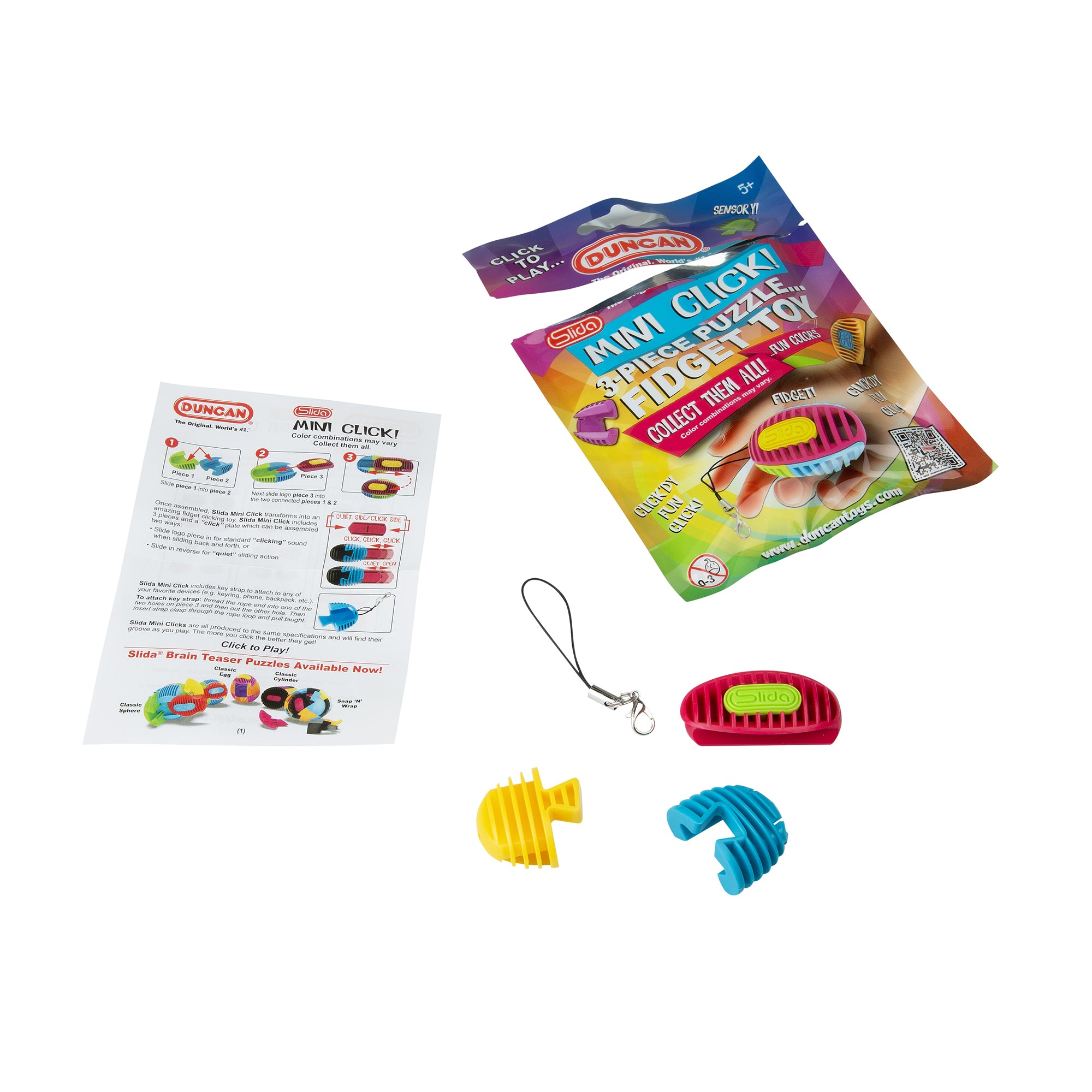 A Duncan SLIDA Mini Click set by Duncan, featuring colorful puzzle pieces, a keychain, an instruction sheet, and original packaging with product name and branding.
