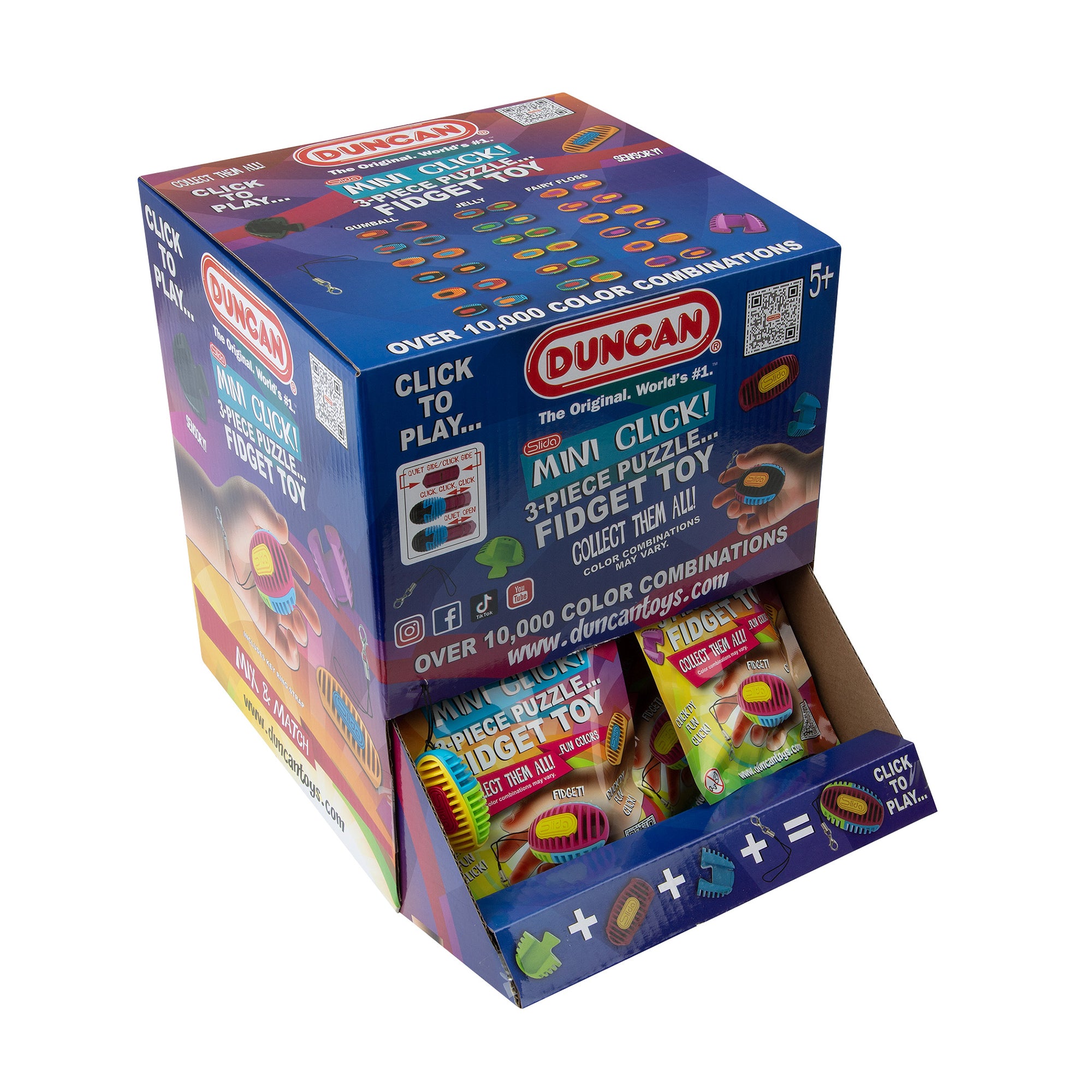 A blue display box of Duncan SLIDA Mini Click by Duncan shows several colorful fidget puzzles in individual packs, featuring “over 10,000 color combinations” and “3-piece click puzzle” highlighted on the box.