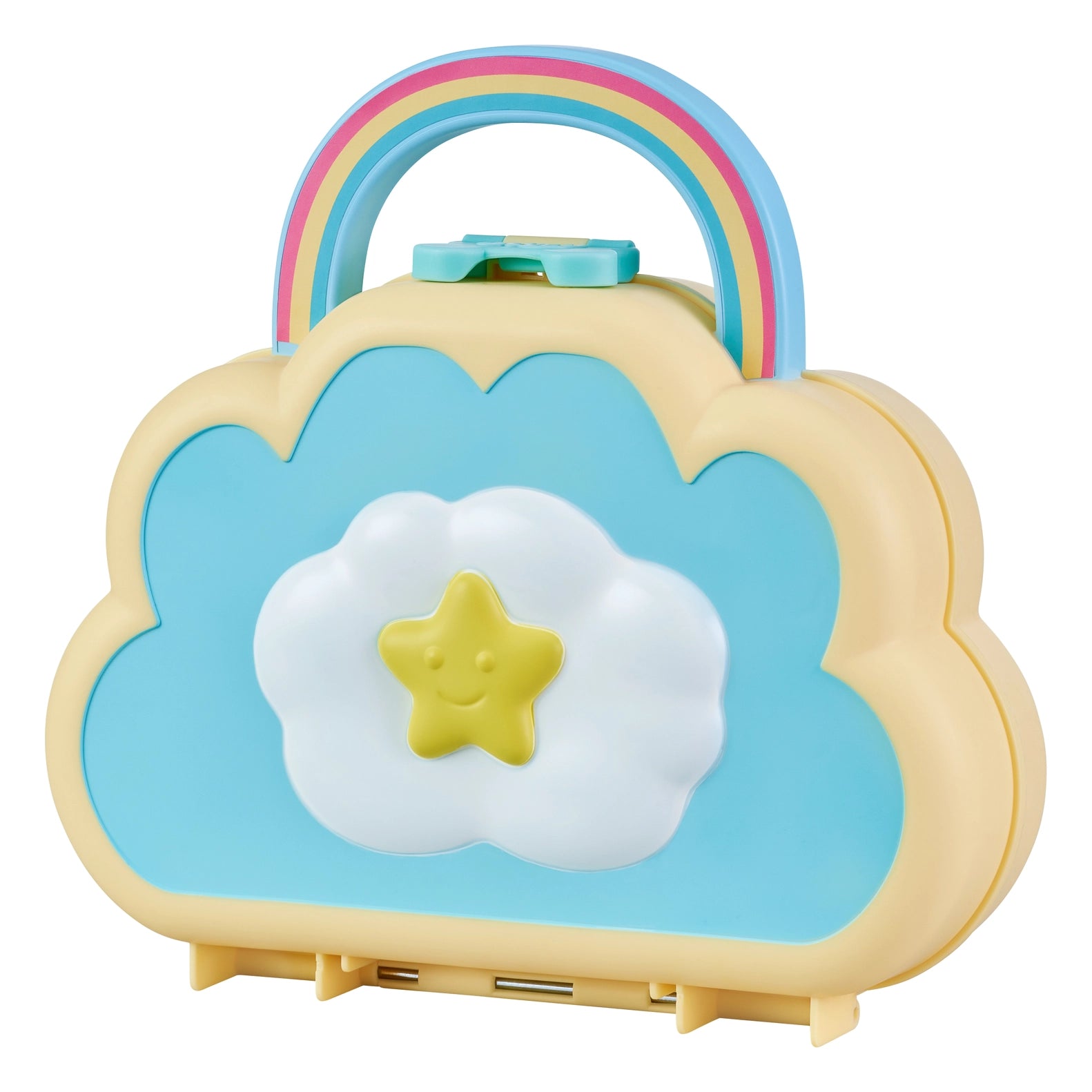 Children's toy lunch box with cloud design, rainbow handle, and cartoon egg on a white background