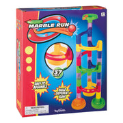 The Toysmith 37pc Marble Run by Toysmith features a tall, colorful marble run on the box with text: “Easy to assemble,” “Build different runs,” plus a choking hazard warning. Safe for ages 3+.