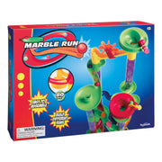 The Toysmith 80pc Marble Run by Toysmith features colorful tubes, funnels, and tracks. Labels say "Easy to Assemble," "Build Different Runs," and "80 pcs." Includes vibrant marbles. Choking hazard warning is in the lower left corner.