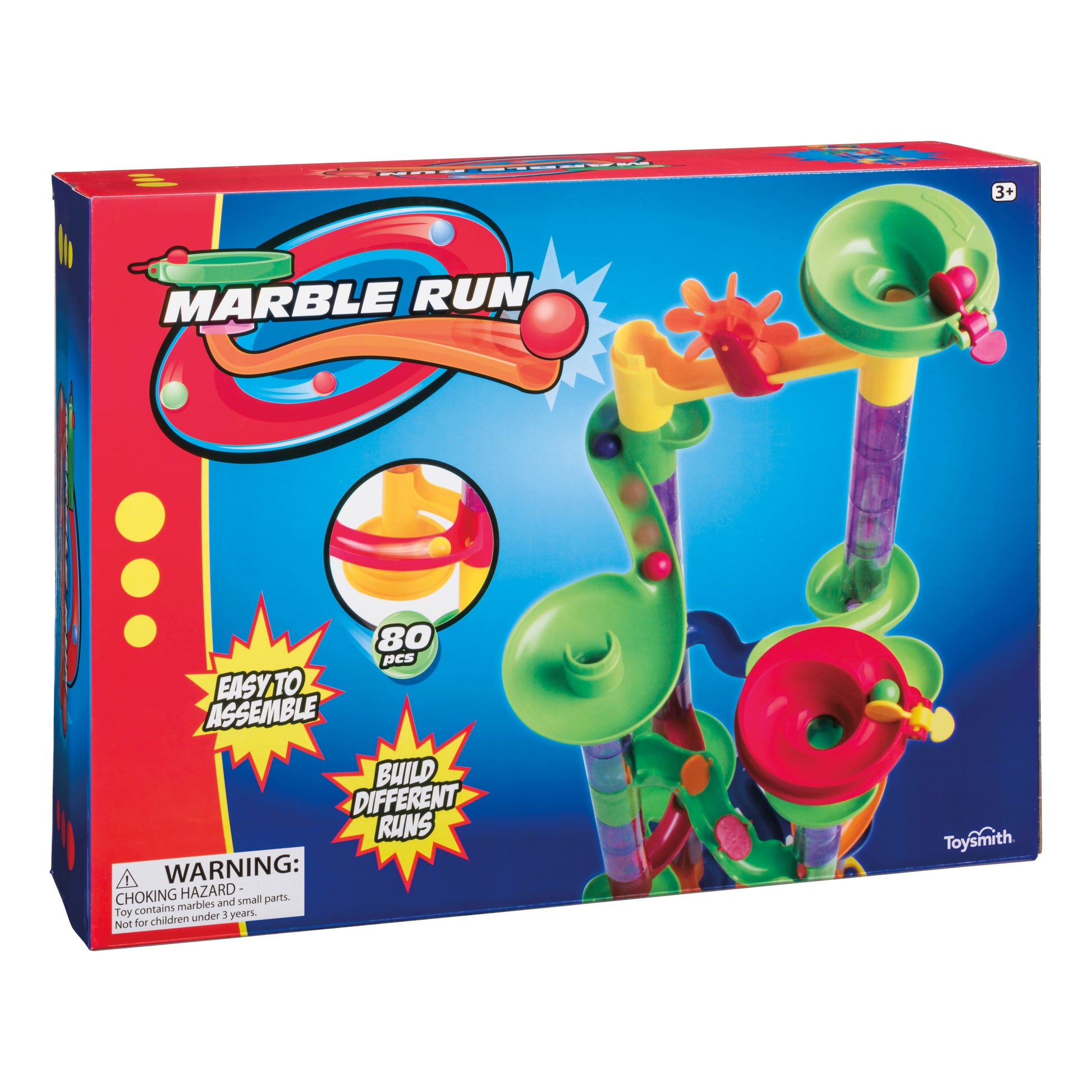 The Toysmith 80pc Marble Run by Toysmith features colorful tubes, funnels, and tracks. Labels say "Easy to Assemble," "Build Different Runs," and "80 pcs." Includes vibrant marbles. Choking hazard warning is in the lower left corner.