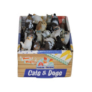 A Farm Fresh box labeled Toysmith Puppies & Kitties is decorated with colorful graphics and filled with small, realistic cat and dog figurines packed closely together.