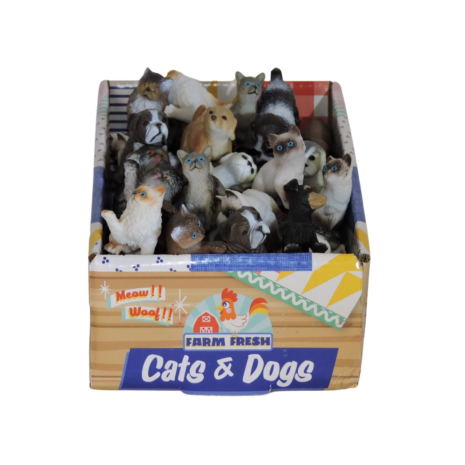 A Farm Fresh box labeled Toysmith Puppies & Kitties is decorated with colorful graphics and filled with small, realistic cat and dog figurines packed closely together.