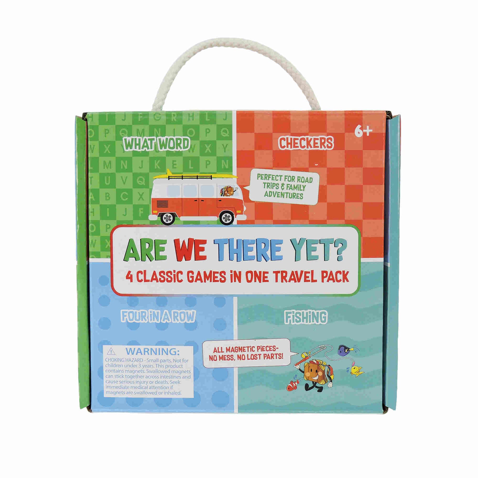 On the Way Games Magnetic Travel Games Set by On the Way Games features a van-illustrated box. Includes 4 magnetic games—Checkers, What Word, Four in a Row & Fishing. For ages 6+. Text: “ARE WE THERE YET? 4 Classic Games in One Travel Pack.”.