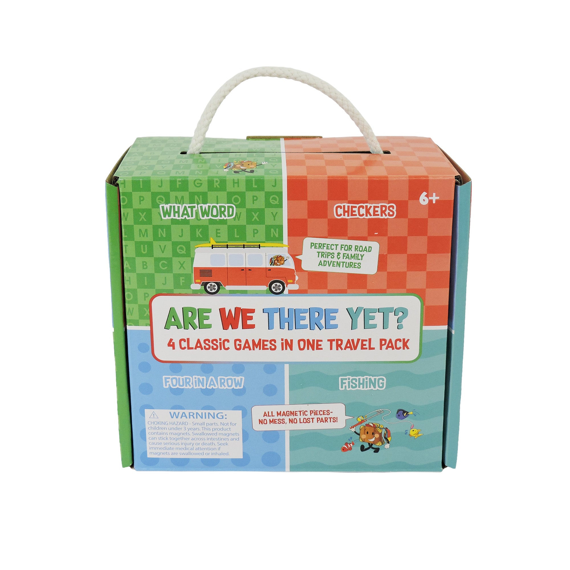 The On the Way Games Magnetic Travel Games Set by On the Way Games is a colorful, compact box for ages 6+, featuring Checkers, Four in a Row, What Word?, and Fishing, with playful graphics and a rope handle—perfect for travel fun!.