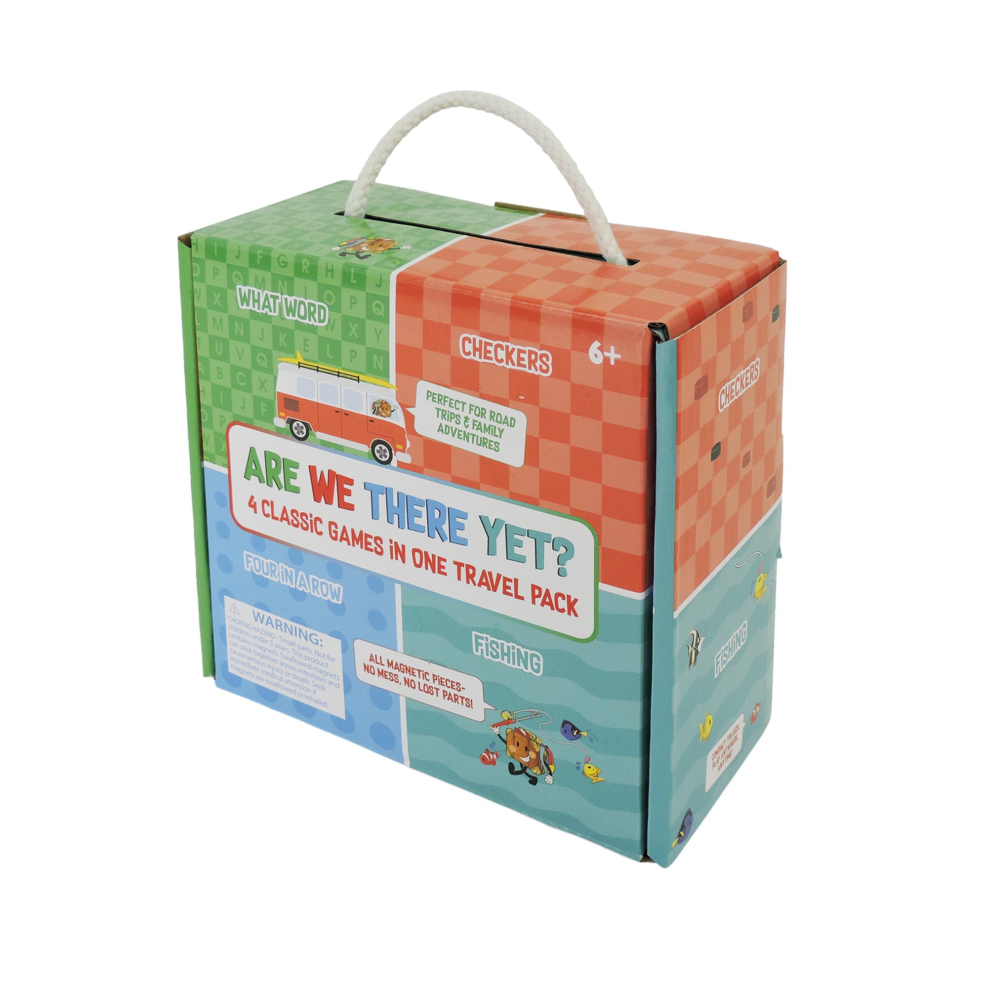 The On The Way Games Magnetic Travel Games Set by On the Way Games includes What Word, Checkers, Four in a Row, and Fishing. This compact, handled box is ideal for kids ages 6+—perfect for travel fun!.