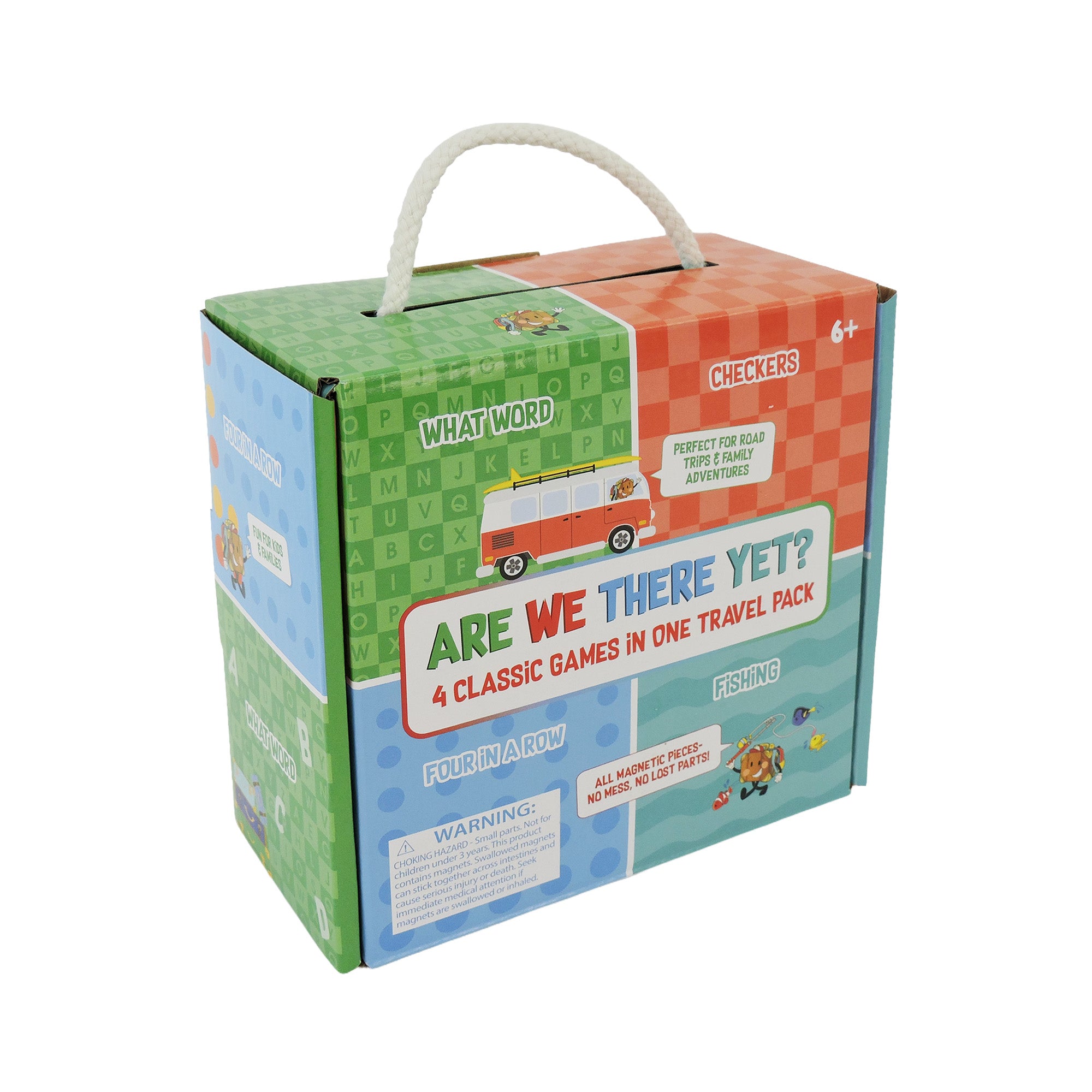 The On The Way Games Magnetic Travel Games Set by On the Way Games includes Checkers, What Word, Four in a Row, and Fishing—four compact magnetic games for ages 6+ in a handy box with handle, ideal for kids on the go.