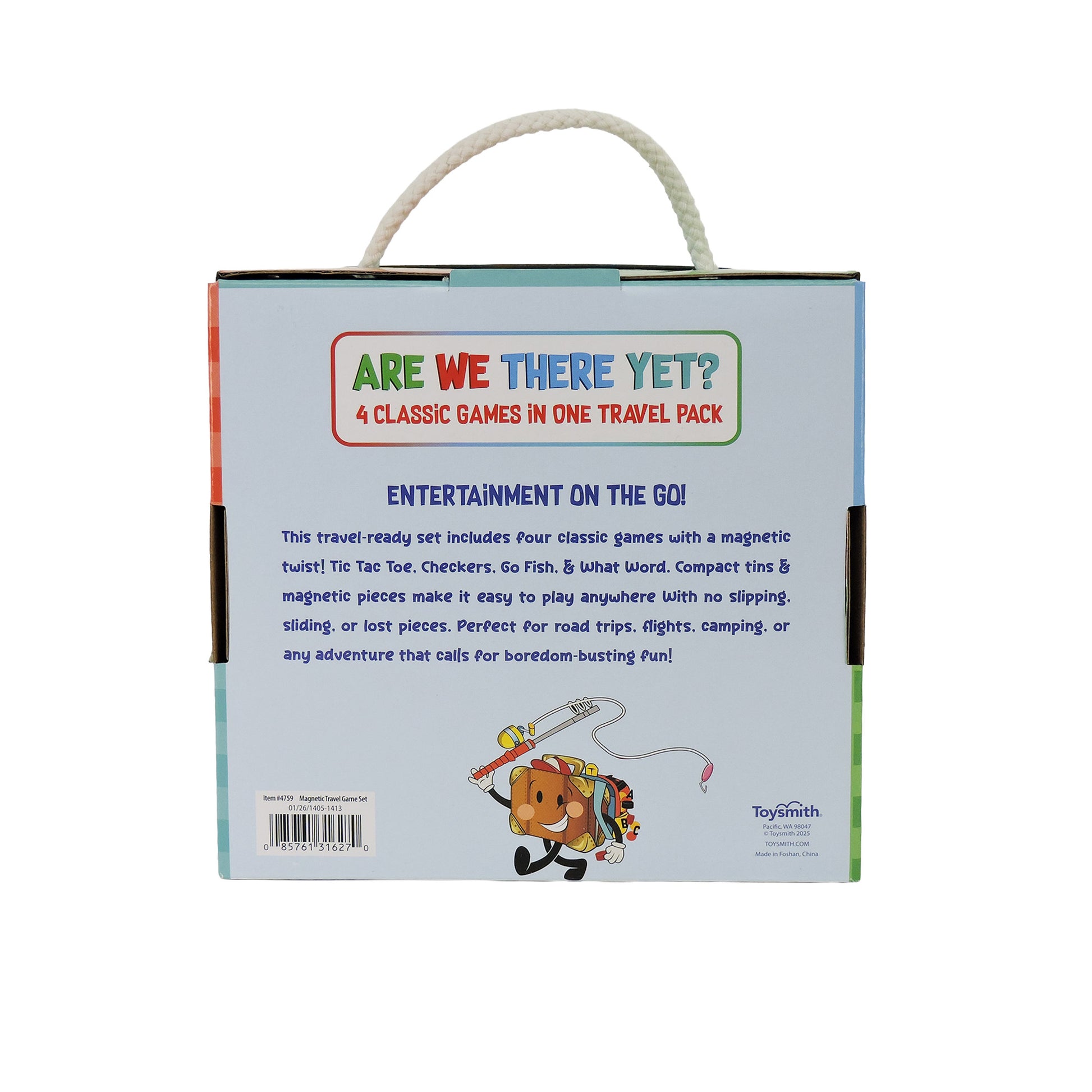 Back of the On The Way Games Magnetic Travel Games Set by On the Way Games. Features a description, cartoon dog with travel items, and a white rope handle—compact magnetic games perfect for kids on the go.
