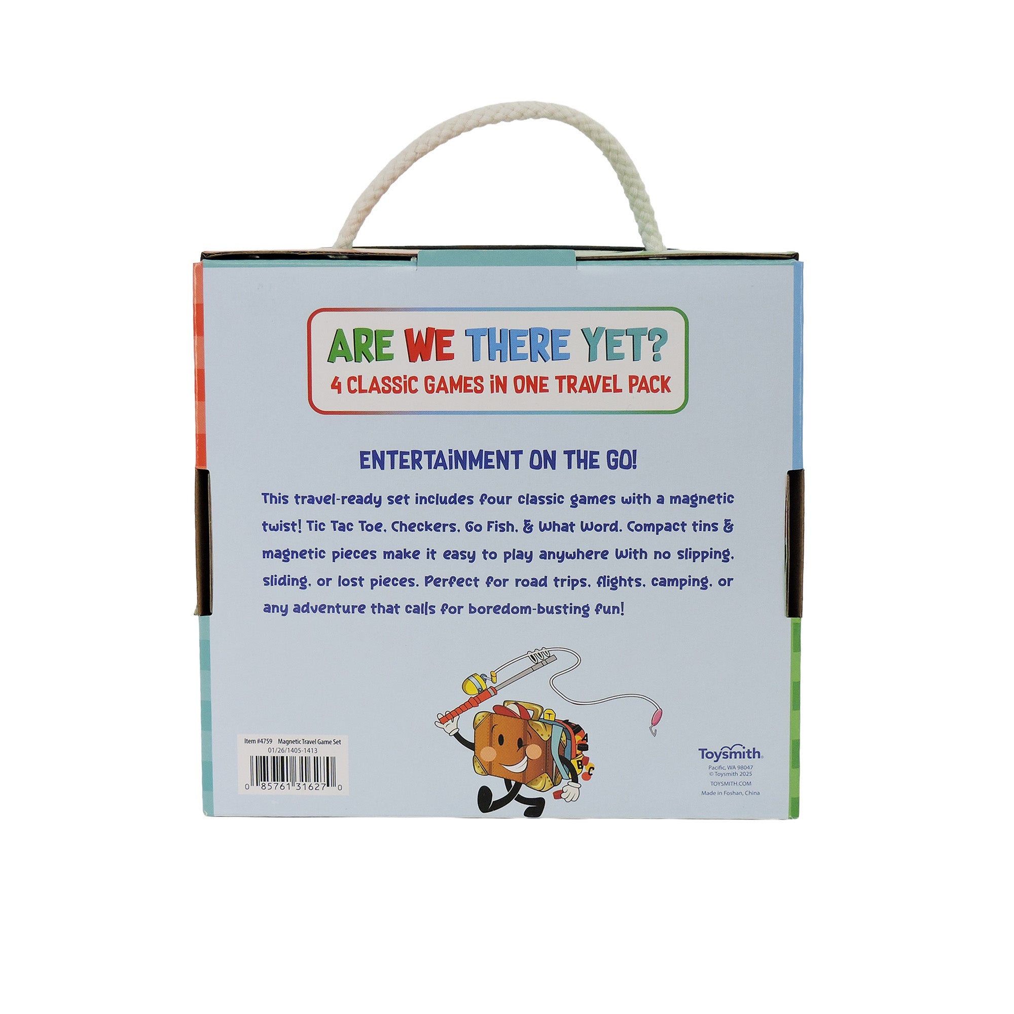 Back of the On The Way Games Magnetic Travel Games Set by On the Way Games. Features a description, cartoon dog with travel items, and a white rope handle—compact magnetic games perfect for kids on the go.