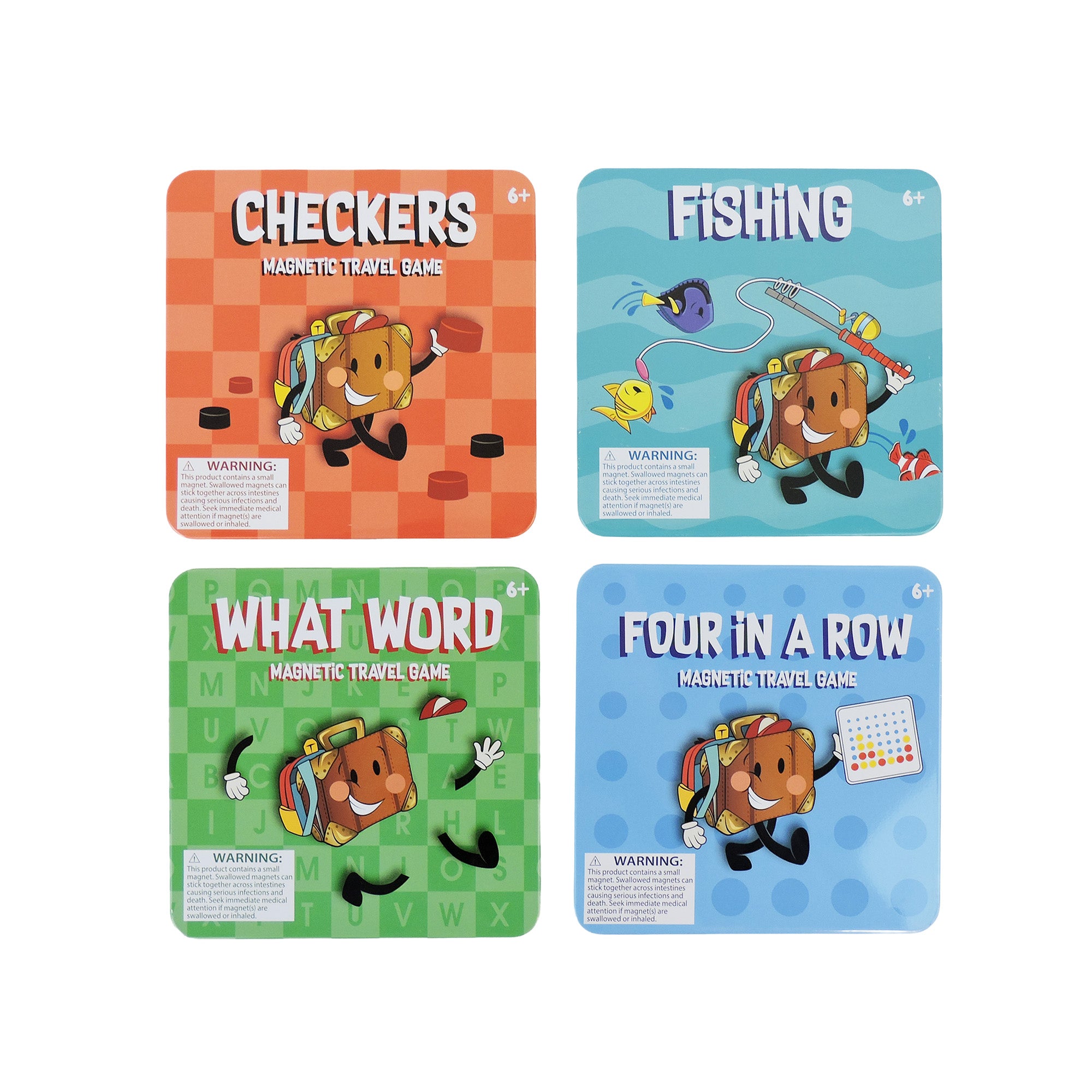 The On The Way Games Magnetic Travel Games Set by On the Way Games includes Checkers (red), Fishing (blue), What Word (green), and Four in a Row (light blue)—each with a cartoon dog—for fun kids’ entertainment anywhere.