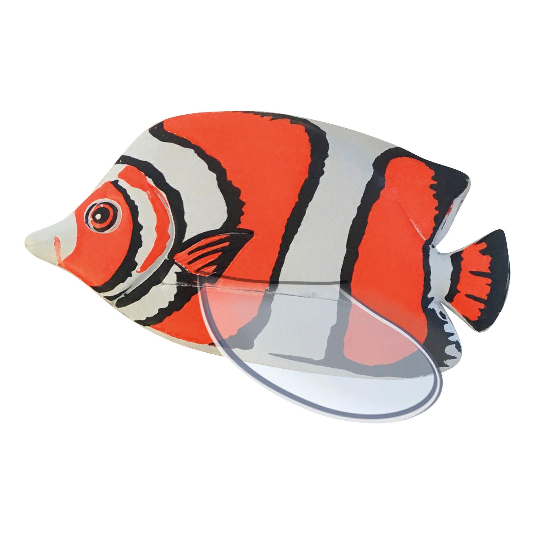 The Toysmith Tropical Zwimmers by Toysmith is a magnifying glass shaped like a clownfish with vibrant orange, black, and white stripes—perfect as a playful pool toy or for imaginative water play.