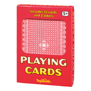A red Toysmith Playing Cards box labeled PLAYING CARDS, ideal for travel or game nights. Includes 52 cards and 2 Jokers, for ages 5+, with a geometric card back design on display.