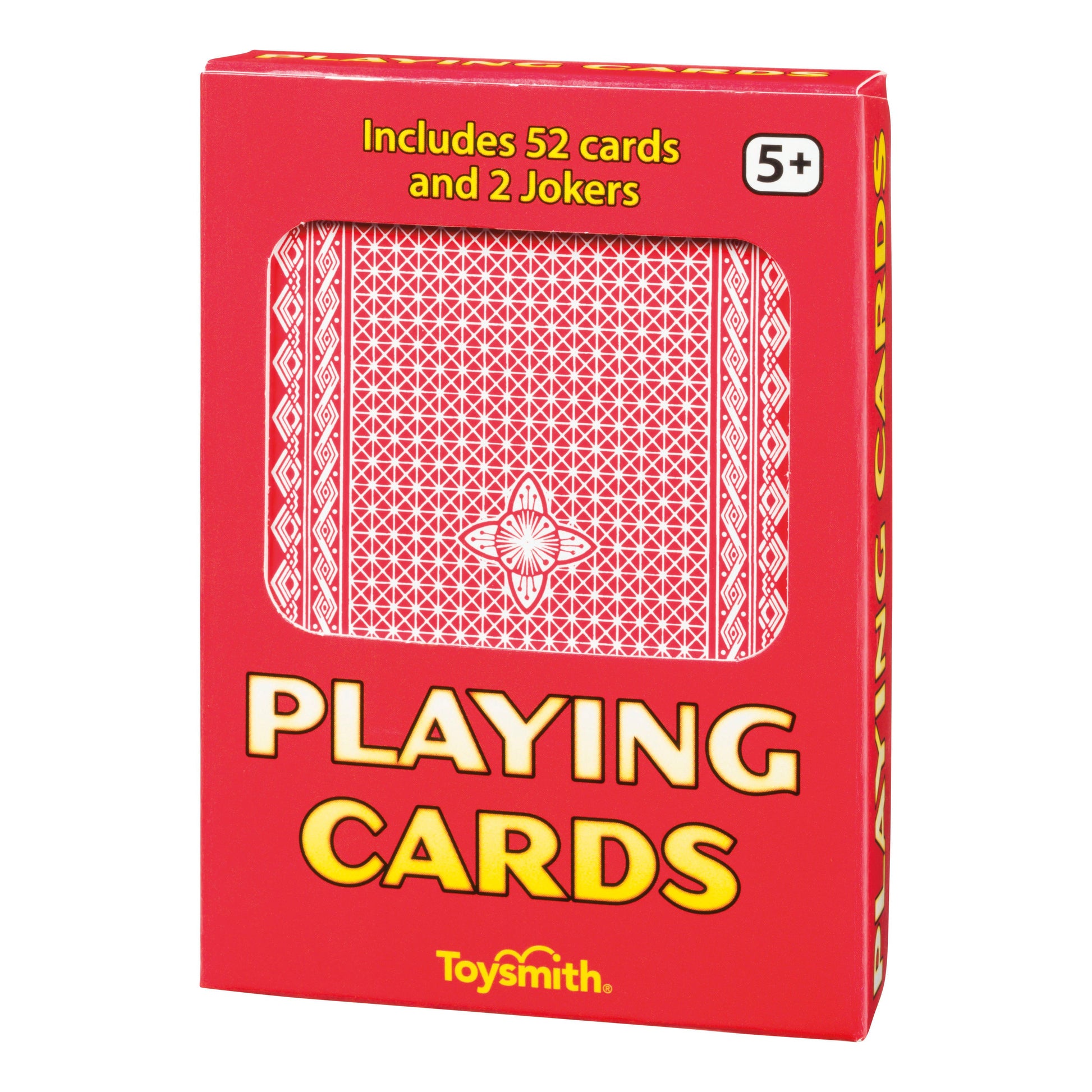 A red Toysmith Playing Cards box labeled PLAYING CARDS, ideal for travel or game nights. Includes 52 cards and 2 Jokers, for ages 5+, with a geometric card back design on display.